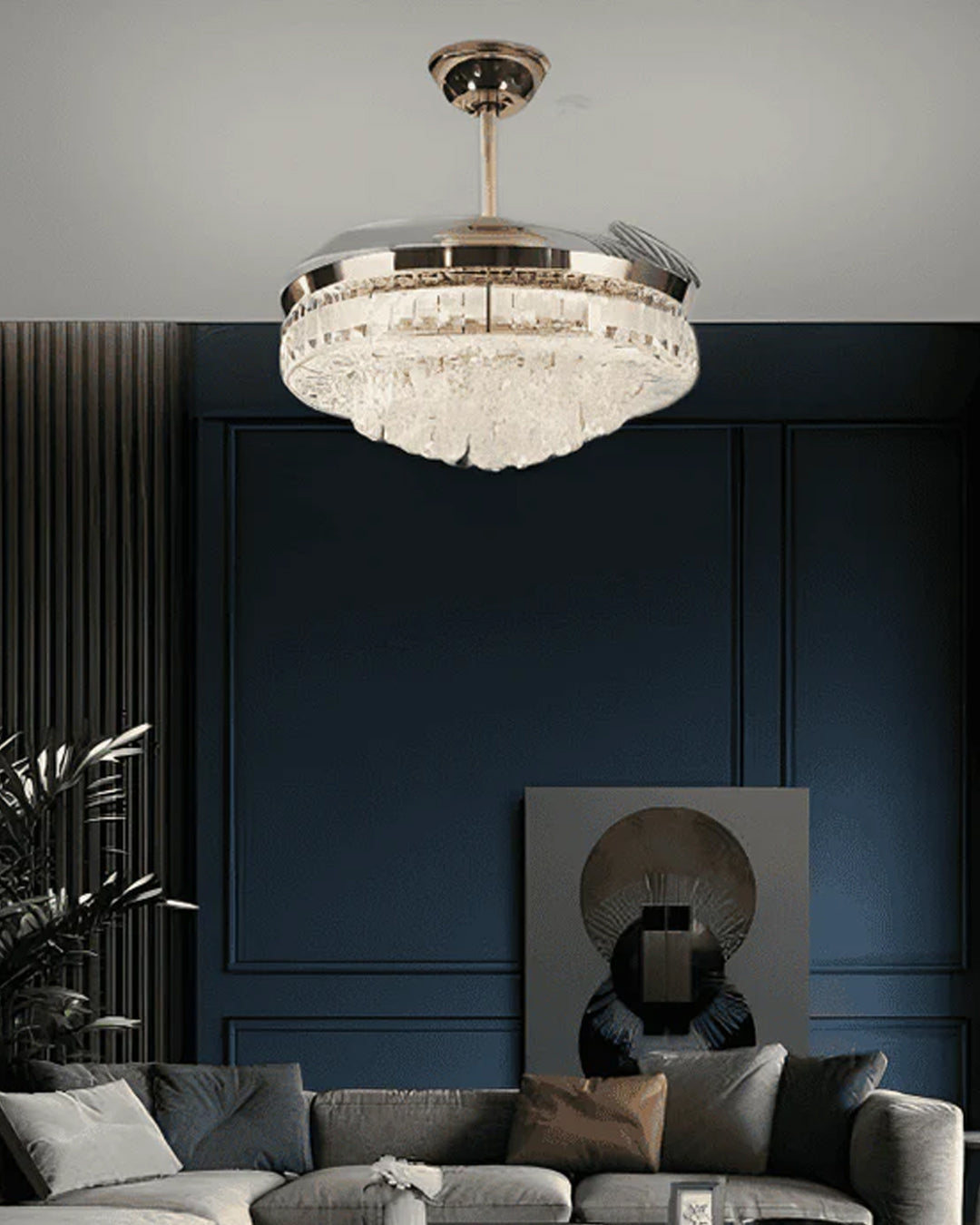 Luxe Crystal Retractable Ceiling Fan + Chandelier Light (with Remote Control)