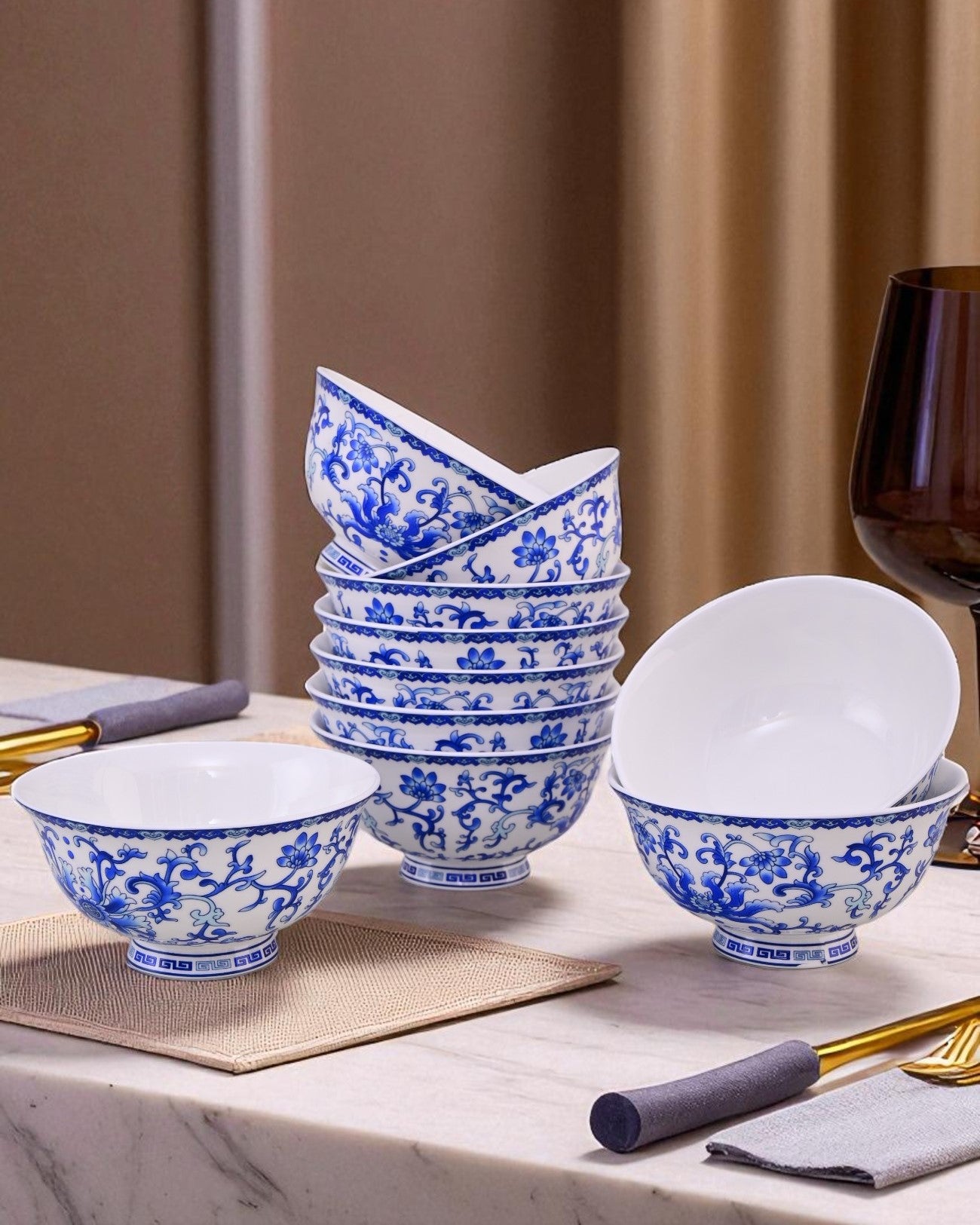 Imperial Blue Vine Ceramic Katori - Set Of 6