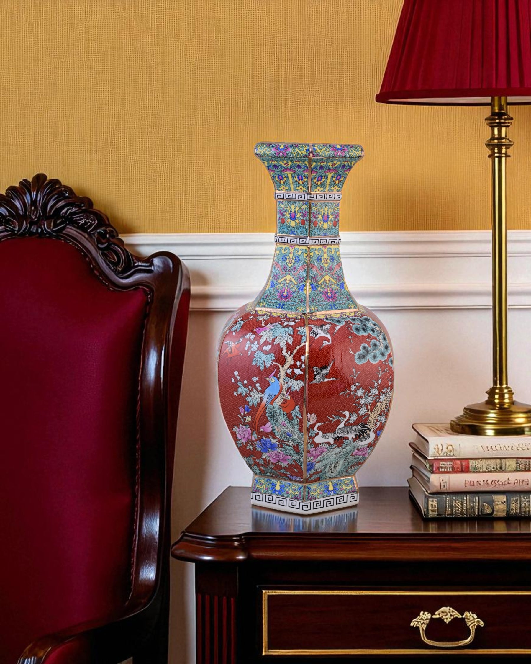 Midnight Bird Motifs Cloisonné Vase - Red