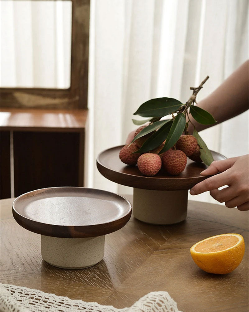 Elegant Wooden Rustic Round Cake Stand in a natural setting, ideal for showcasing homemade cakes and desserts.