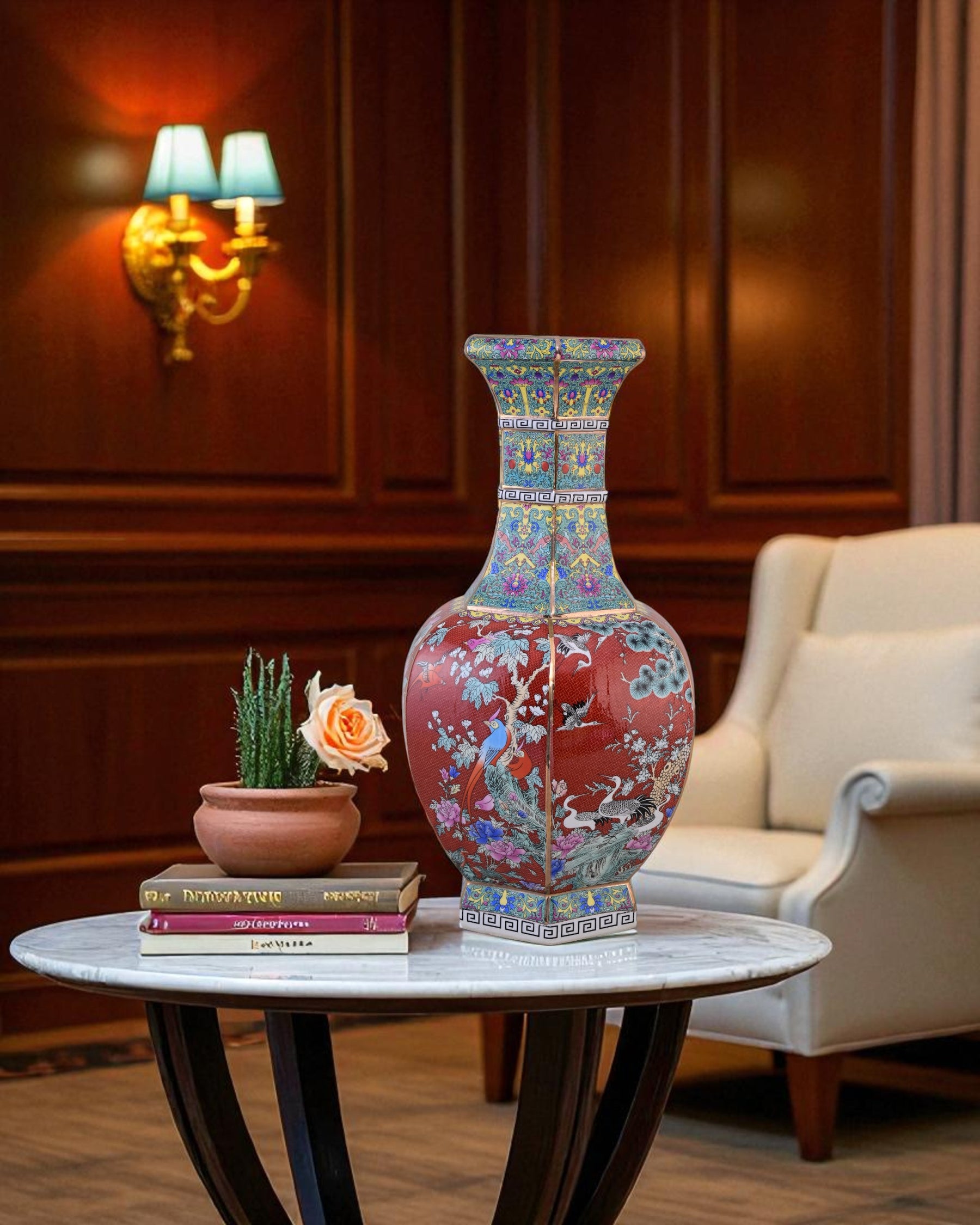 Midnight Bird Motifs Cloisonné Vase - Red