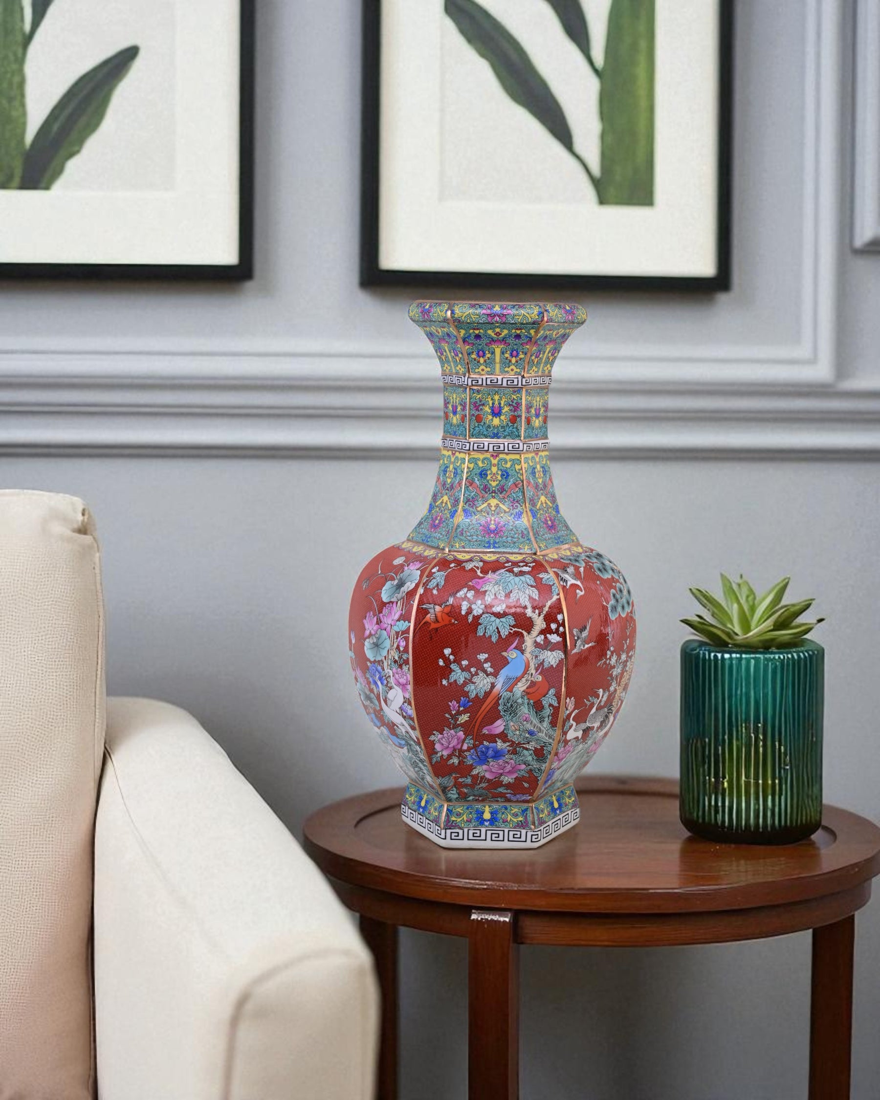 Midnight Bird Motifs Cloisonné Vase - Red