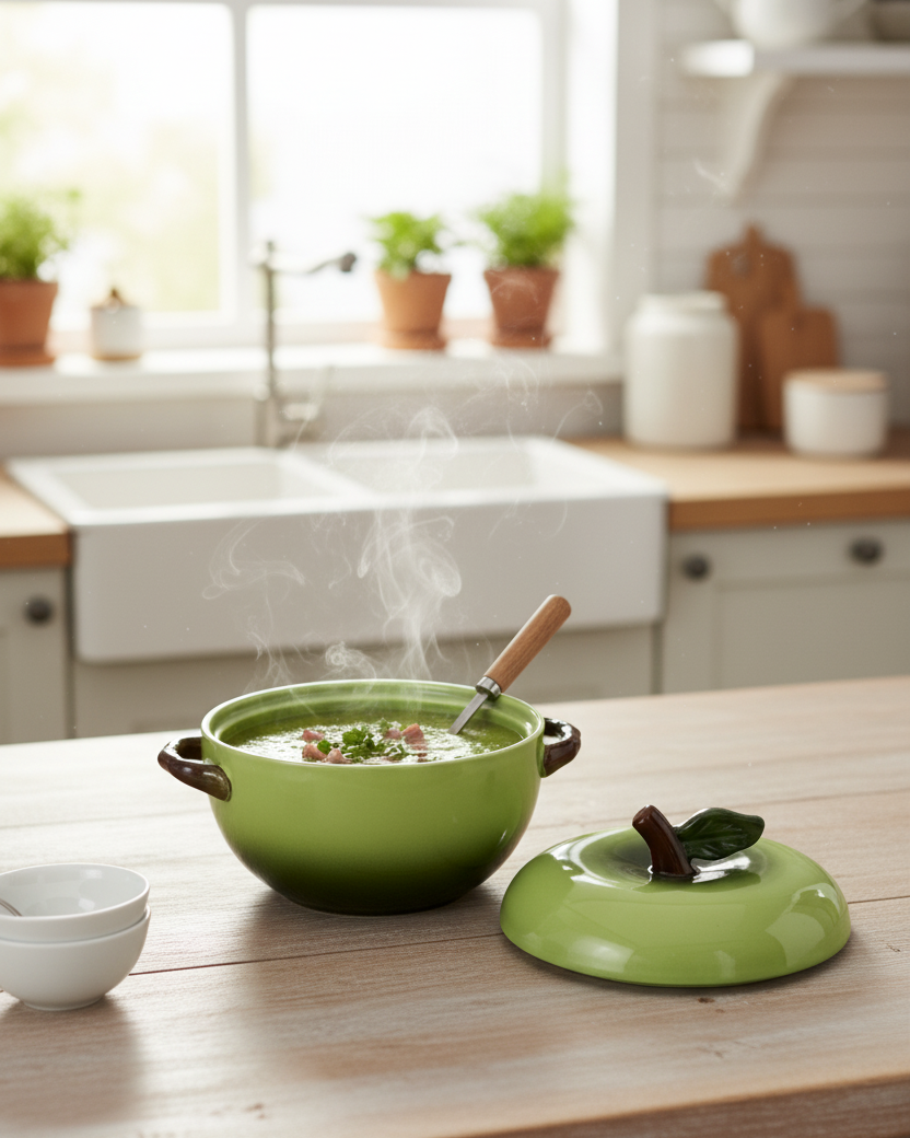 Tomato Shaped Ceramic Stew Bowl with Lid - Green
