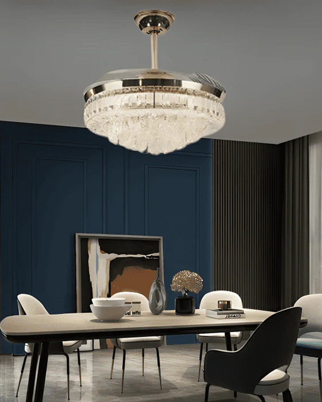 Luxe Crystal Retractable Ceiling Fan + Chandelier Light (with Remote Control)