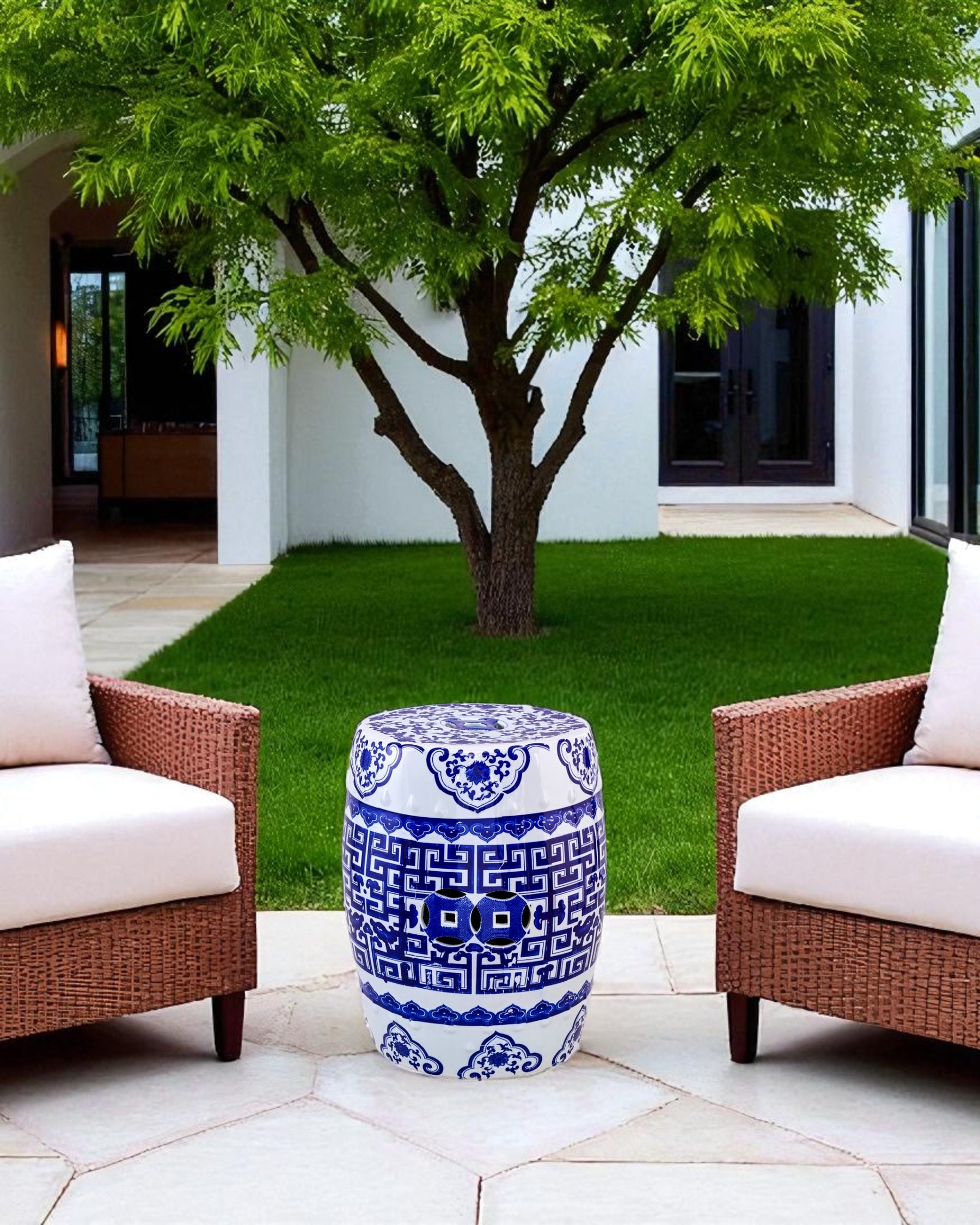 Blue Geometric Porcelain Garden Stool