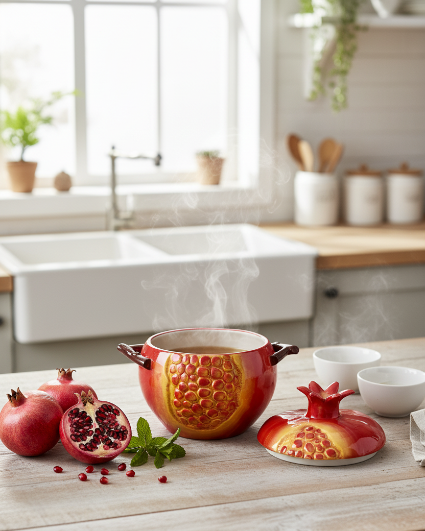 Pomegranate Shaped Ceramic Stew Bowl with Lid