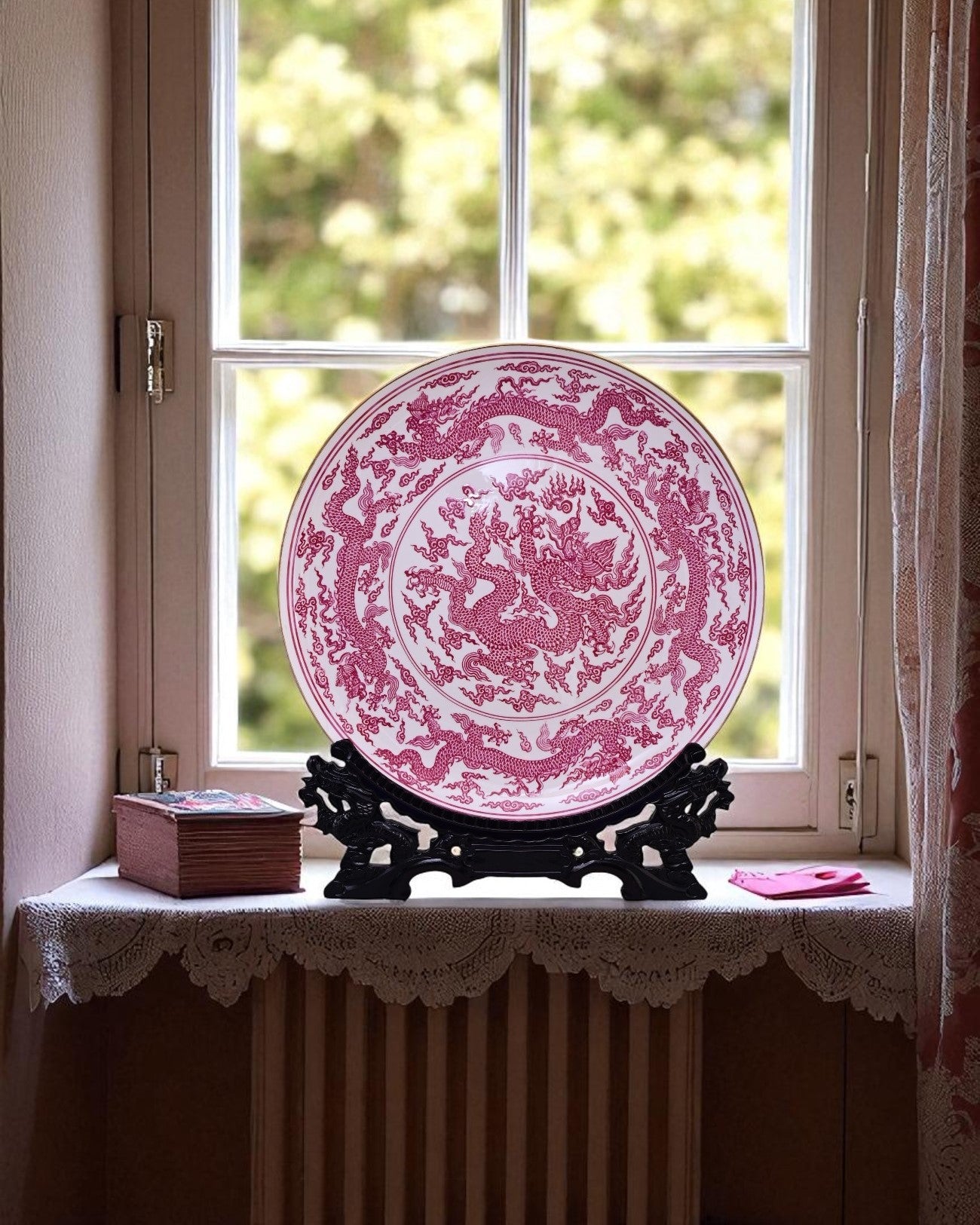 Crimson Dragon Porcelain Decorative Plate - 16"