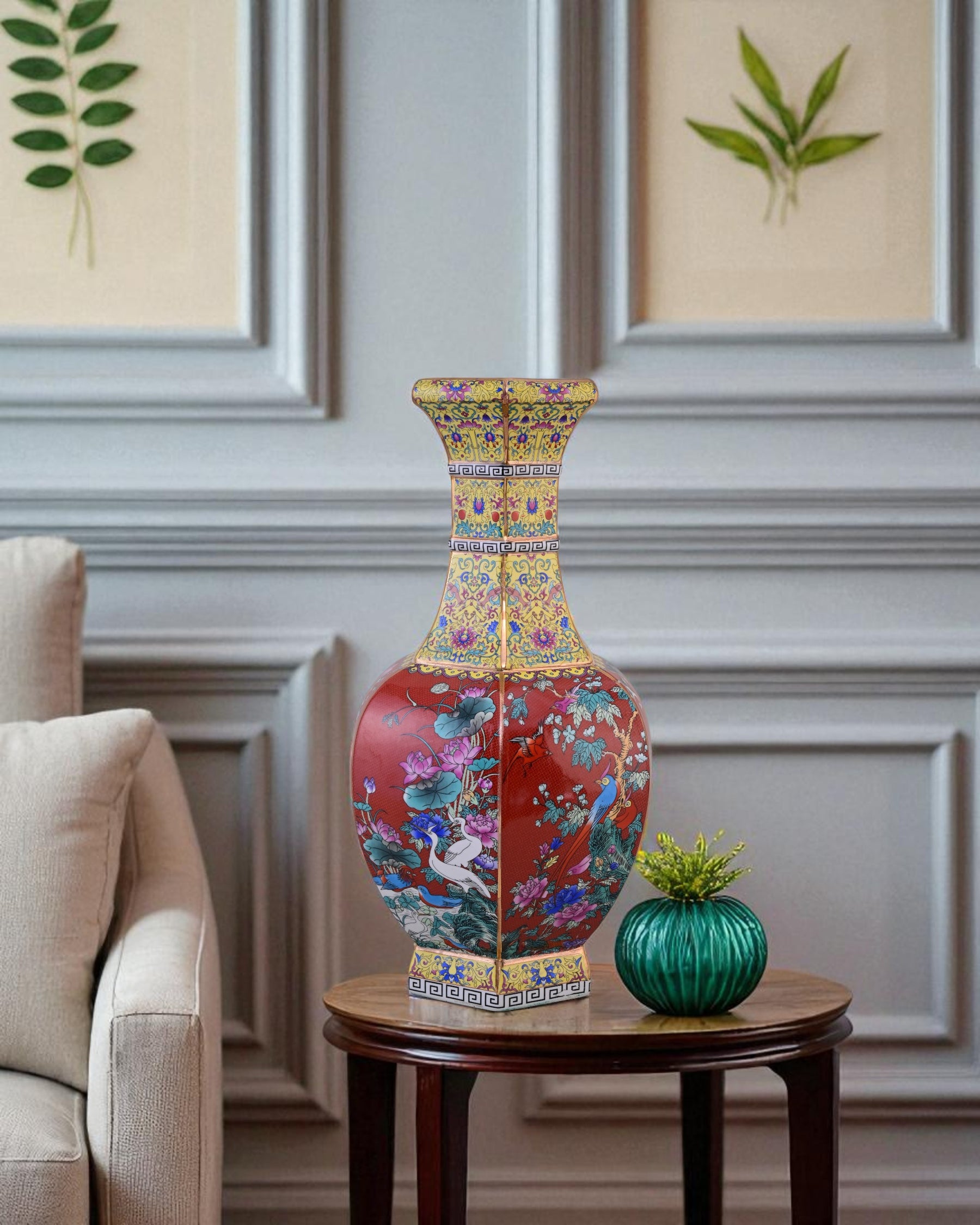 Midnight Bird Motifs Cloisonné Vase - Red
