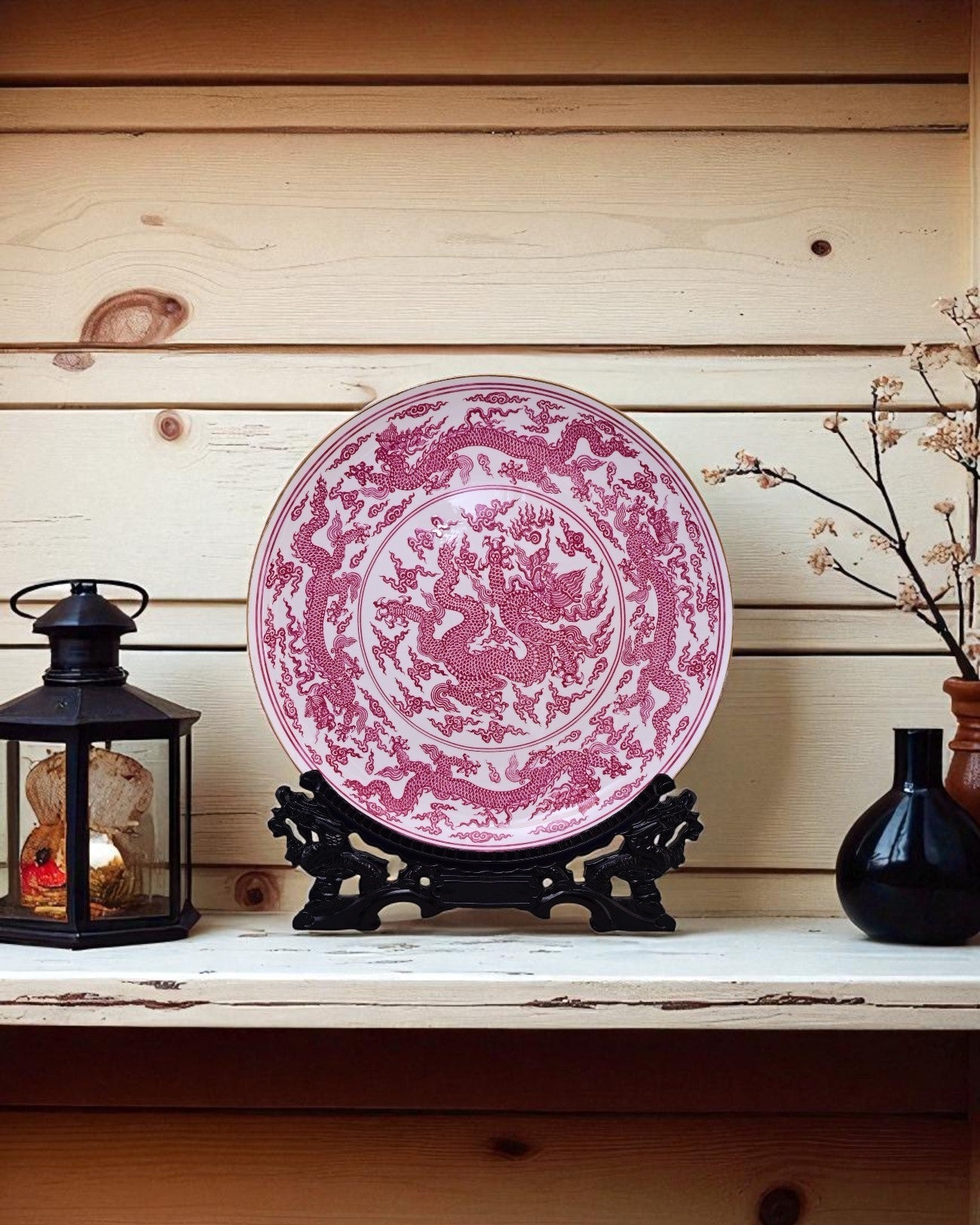 Crimson Dragon Porcelain Decorative Plate - 16"