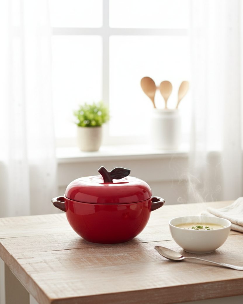 Tomato Shaped Ceramic Stew Bowl with Lid - Red