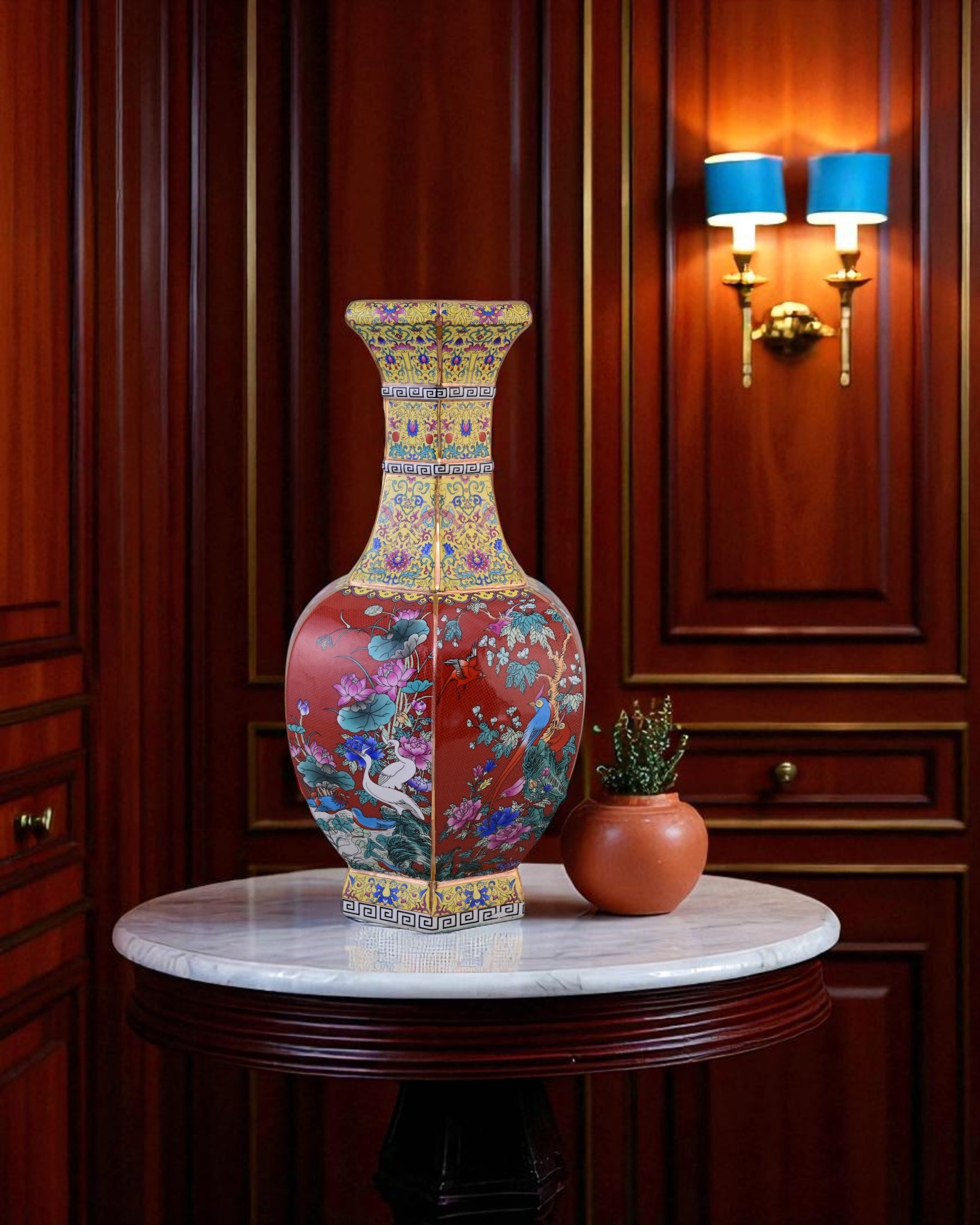 Midnight Bird Motifs Cloisonné Vase - Red