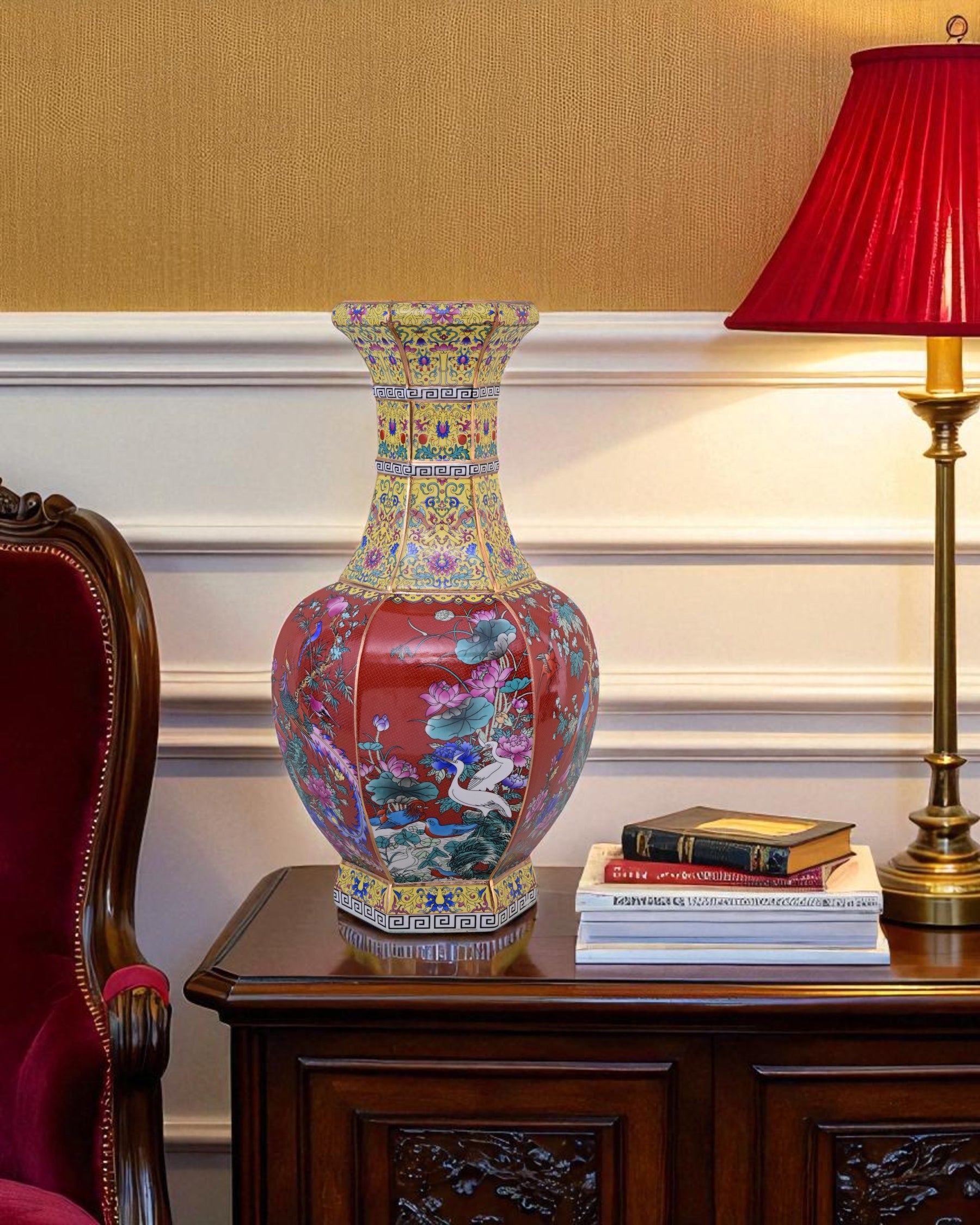Midnight Bird Motifs Cloisonné Vase - Red
