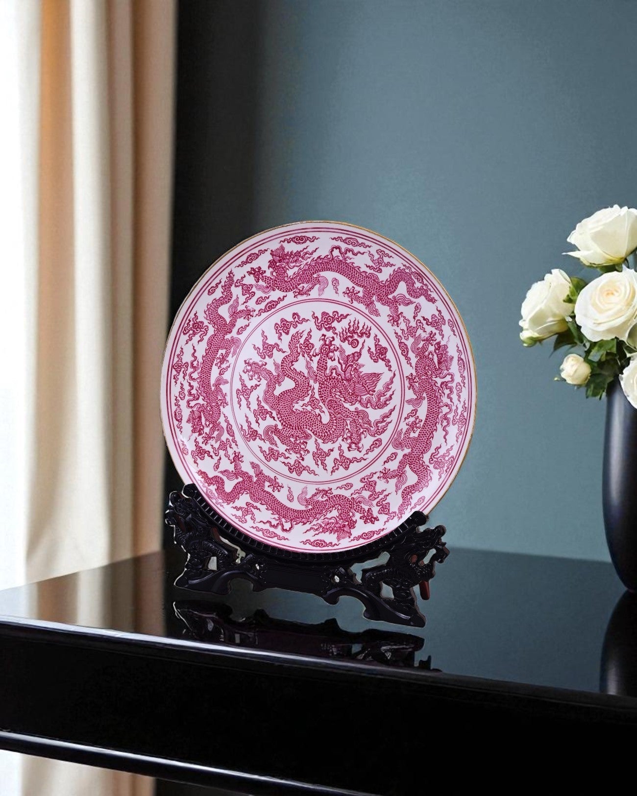 Crimson Dragon Porcelain Decorative Plate - 16"
