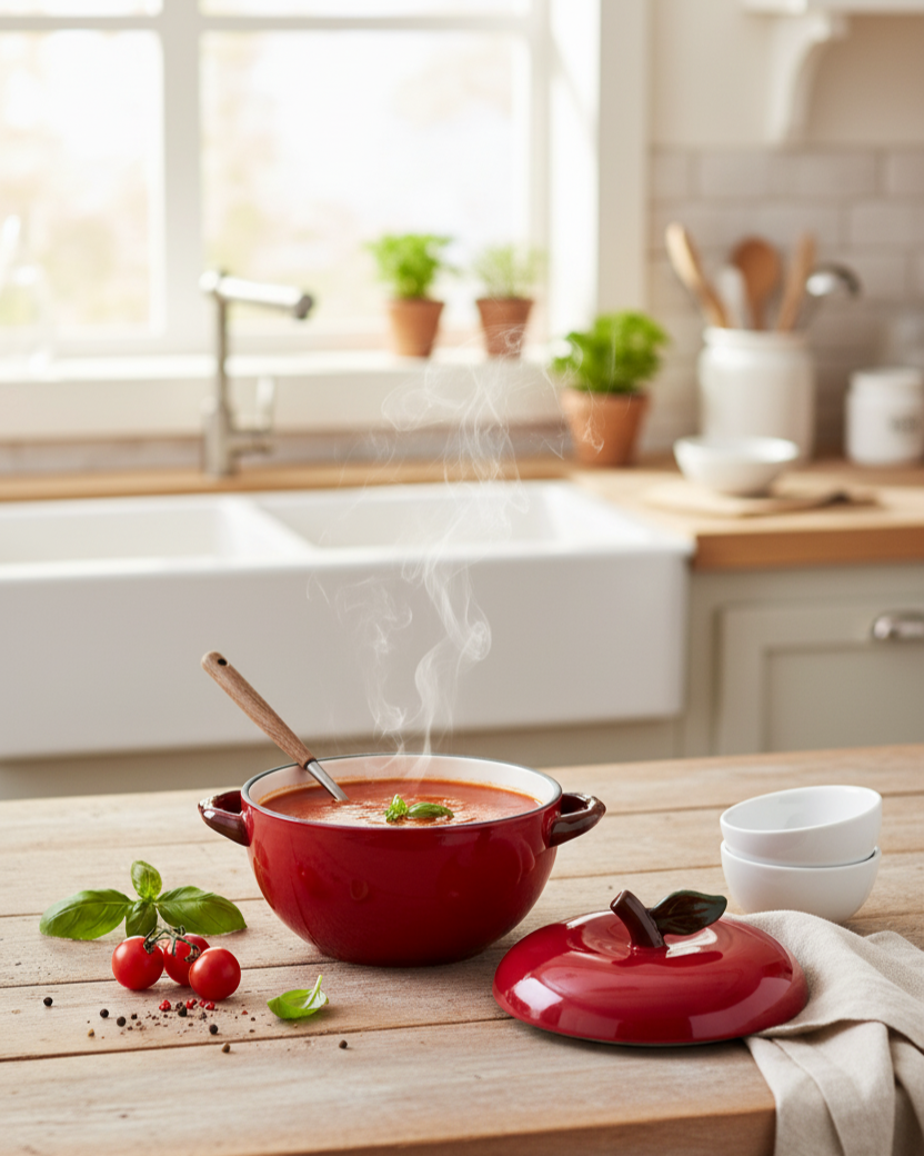 Tomato Shaped Ceramic Stew Bowl with Lid - Red