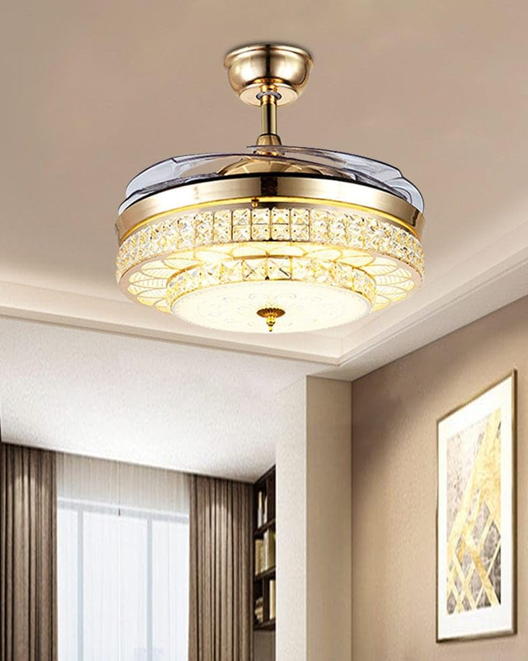 Opulent Crystal Retractable Ceiling Fan + Chandelier Light (with Remote Control)