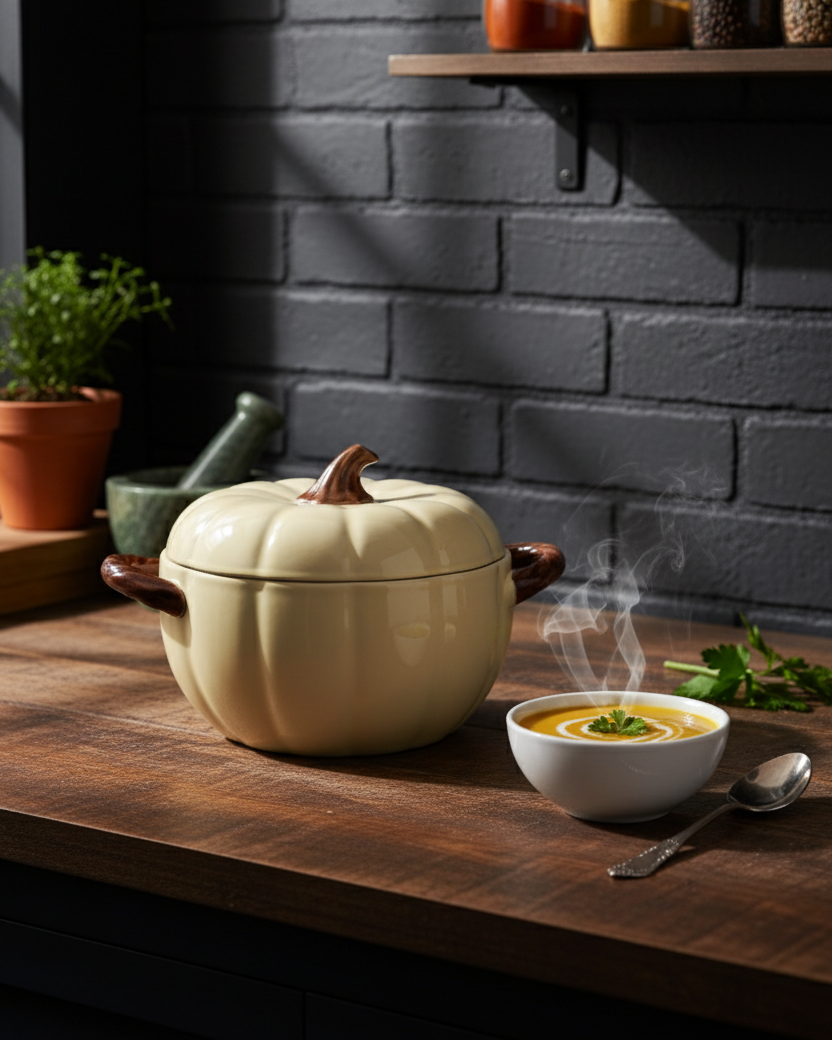 Pumpkin Shaped Ceramic Stew Bowl with Lid - Cream