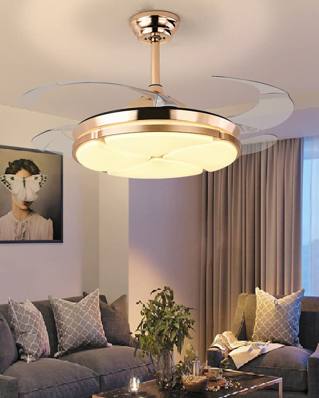 Golden Petal Retractable Ceiling Fan + Chandelier Light (with Remote Control)