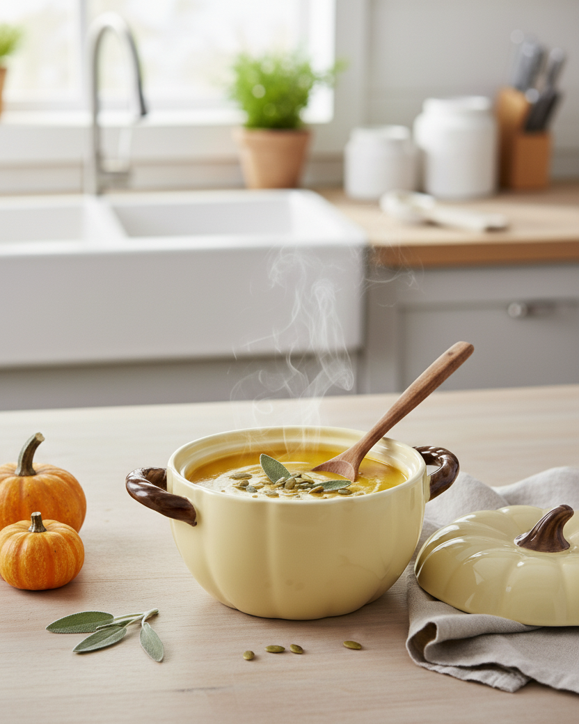 Pumpkin Shaped Ceramic Stew Bowl with Lid - Cream