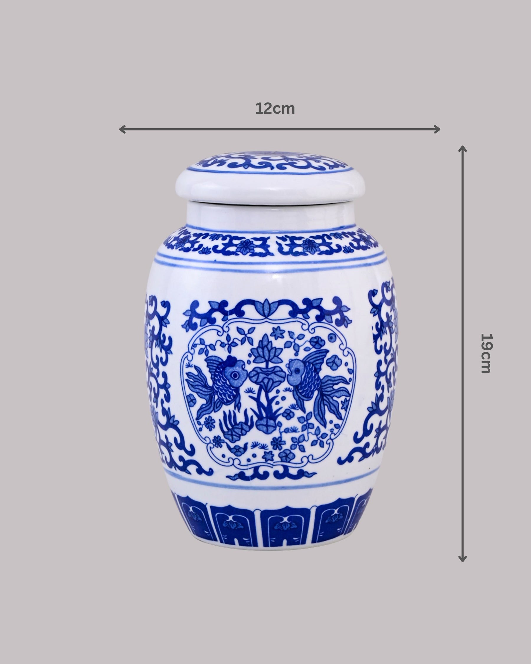 Blue & White Fish Motif Storage Jar