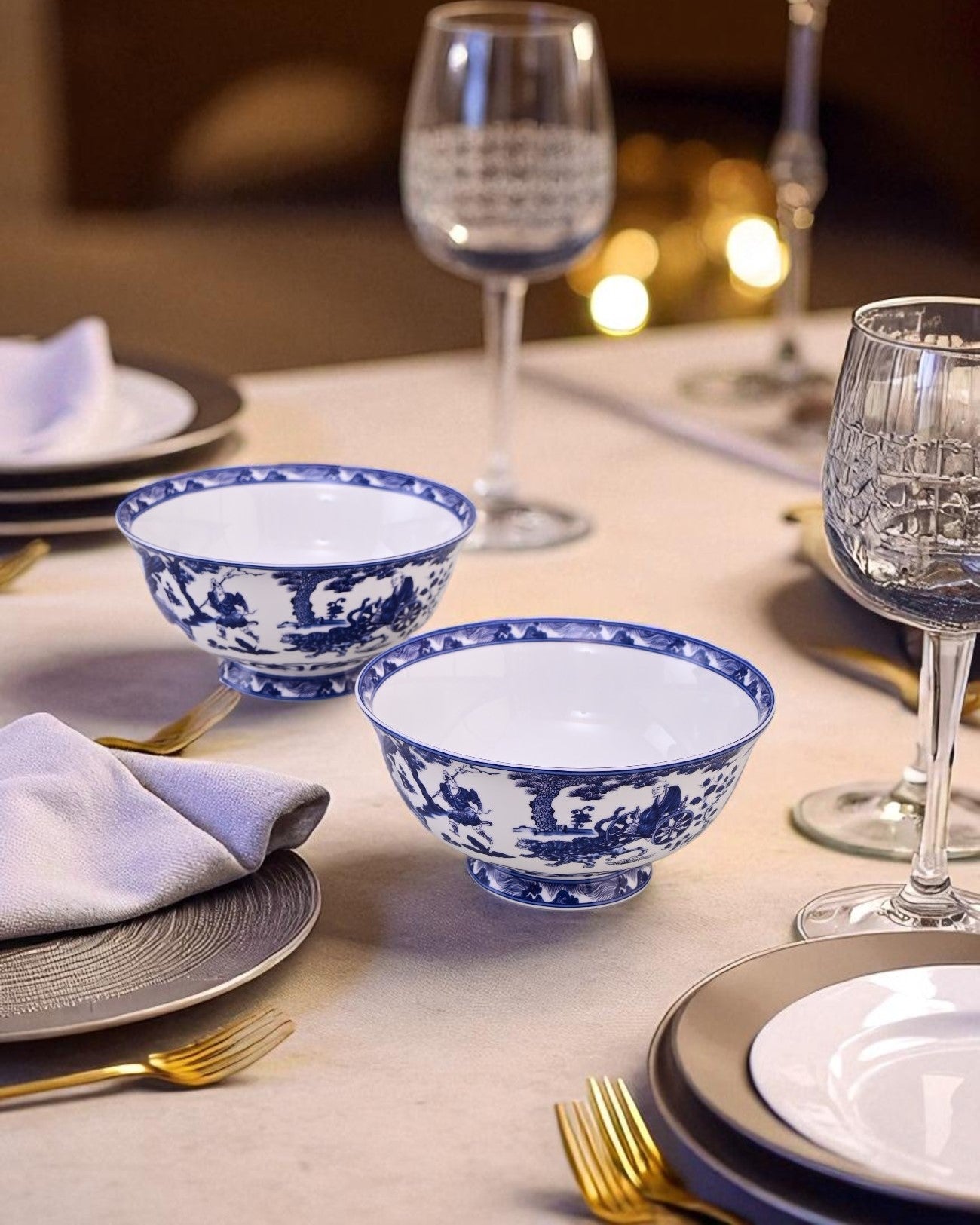 Blue & White Footed Ceramic Katori