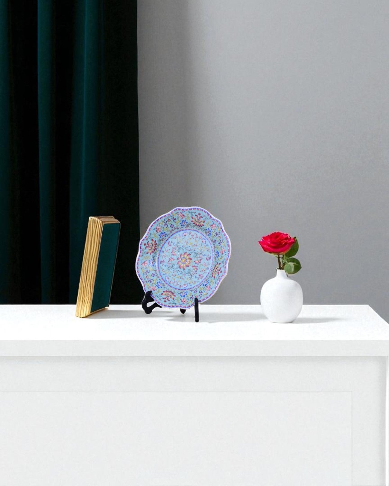 Royal Floral Enamel Decorative Plate - Sky Blue 6"