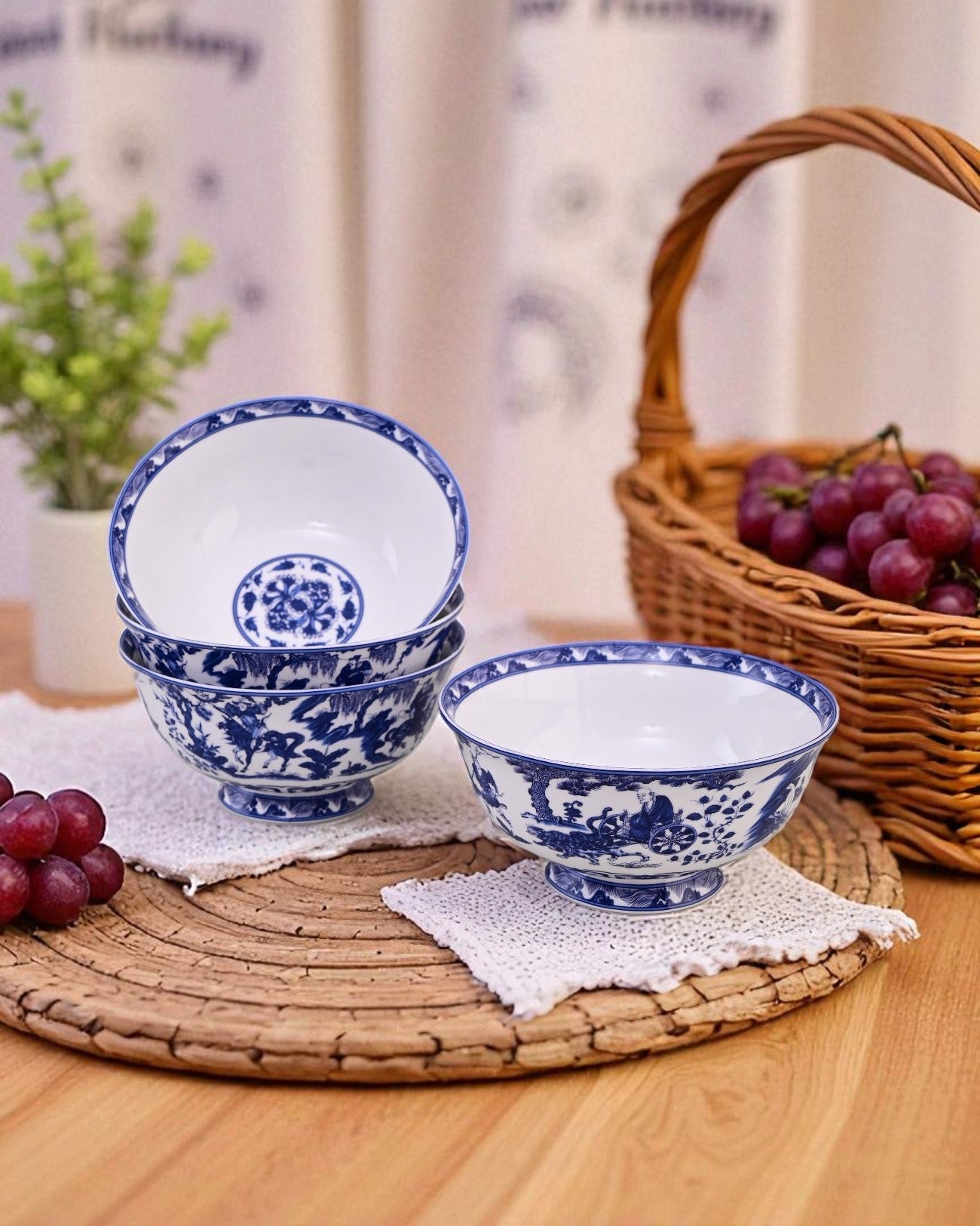 Blue & White Footed Ceramic Katori