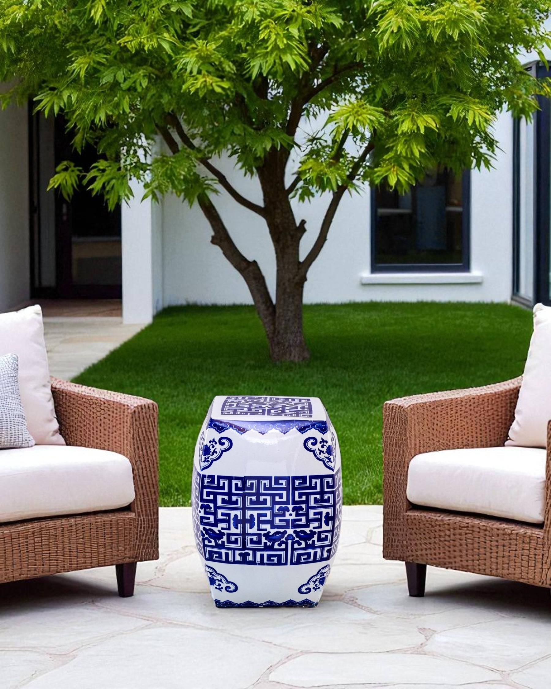 Blue & White Geometric Garden Stool