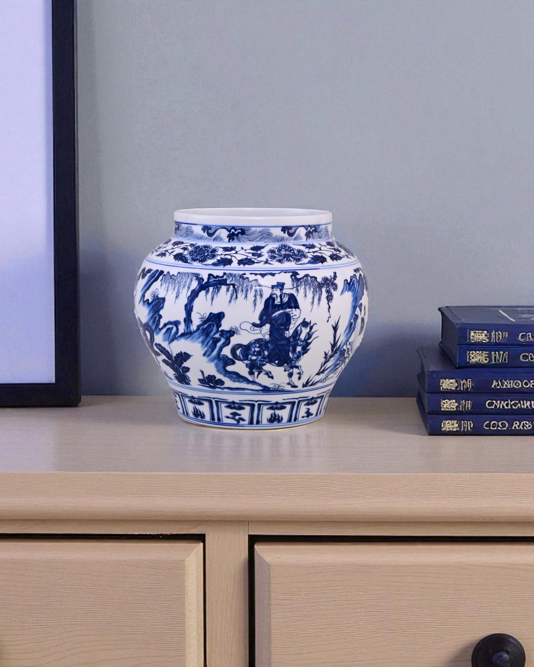 Horseman Scene Blue & White Porcelain Vase