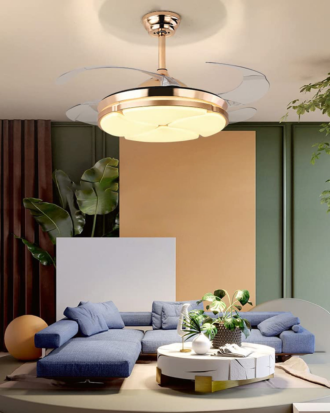 Golden Petal Retractable Ceiling Fan + Chandelier Light (with Remote Control)