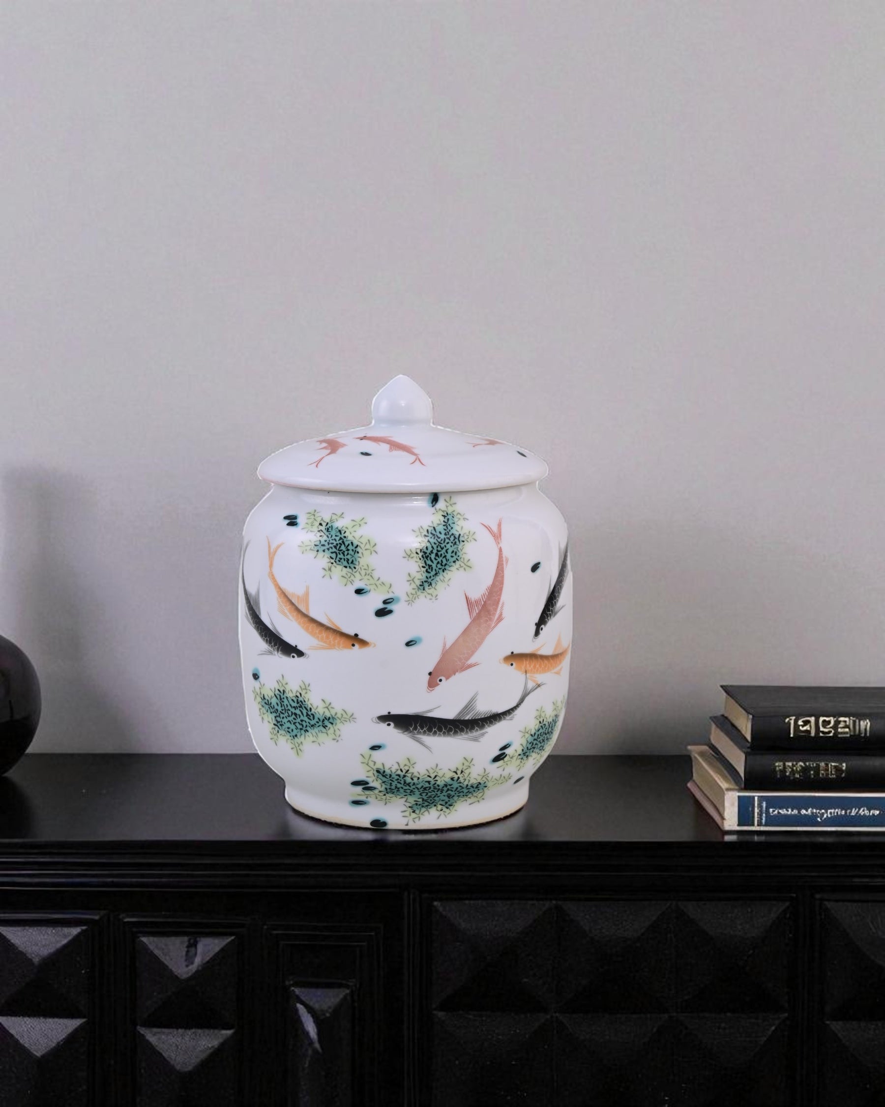 Koi Fish Ceramic Storage Jar With Lid