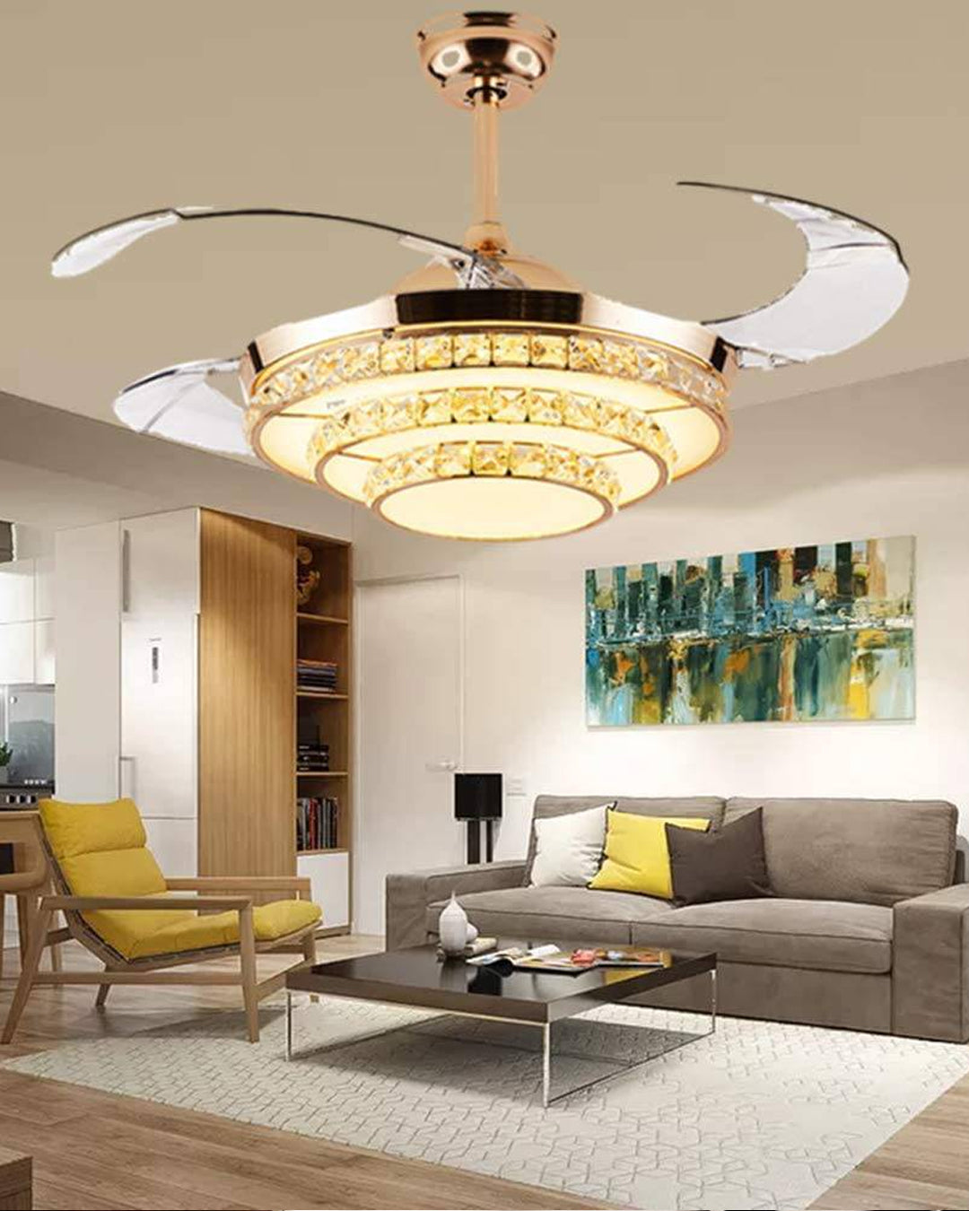 Modern Gold Retractable Ceiling Fan + Chandelier Light (with Remote Control)
