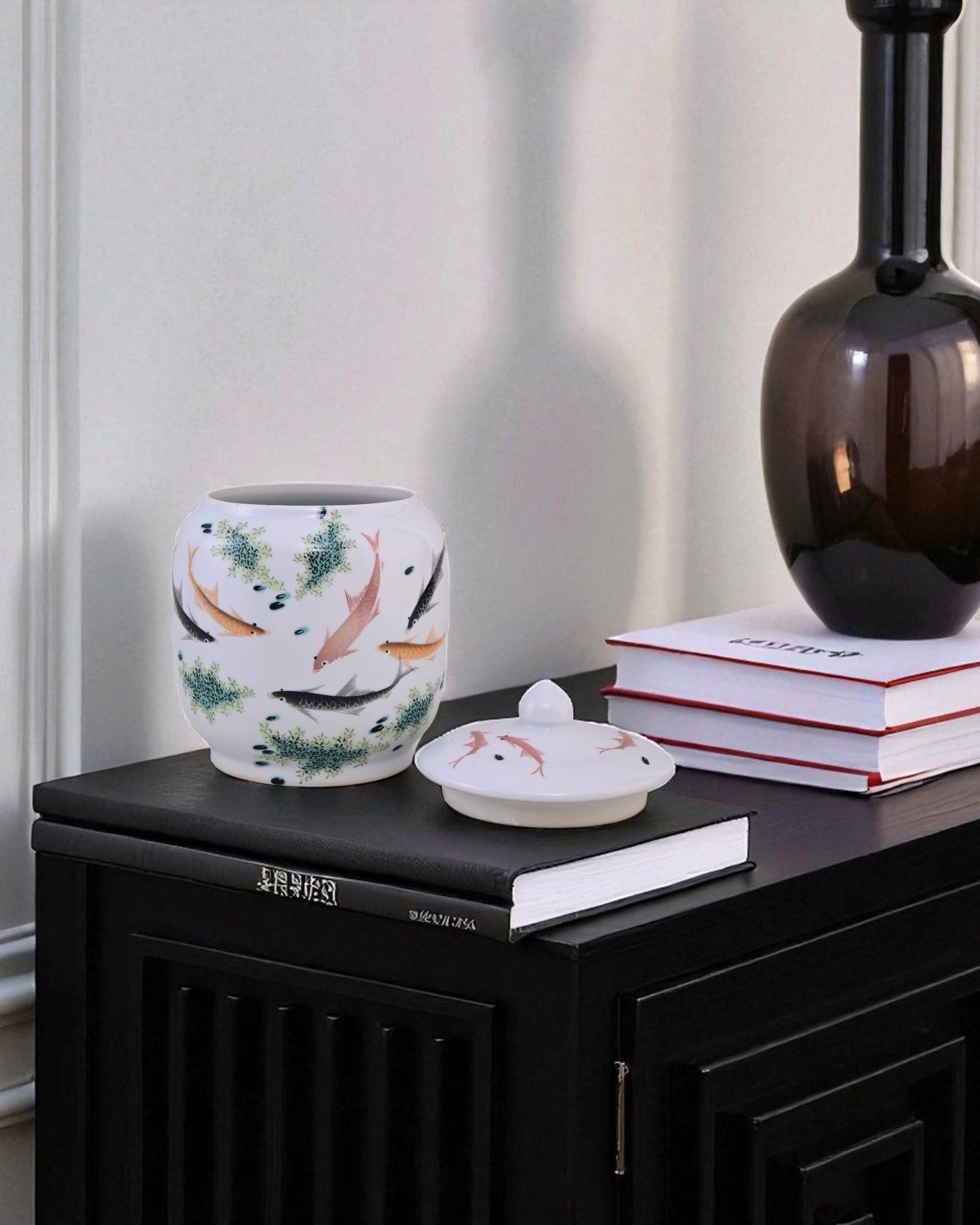 Koi Fish Ceramic Storage Jar With Lid