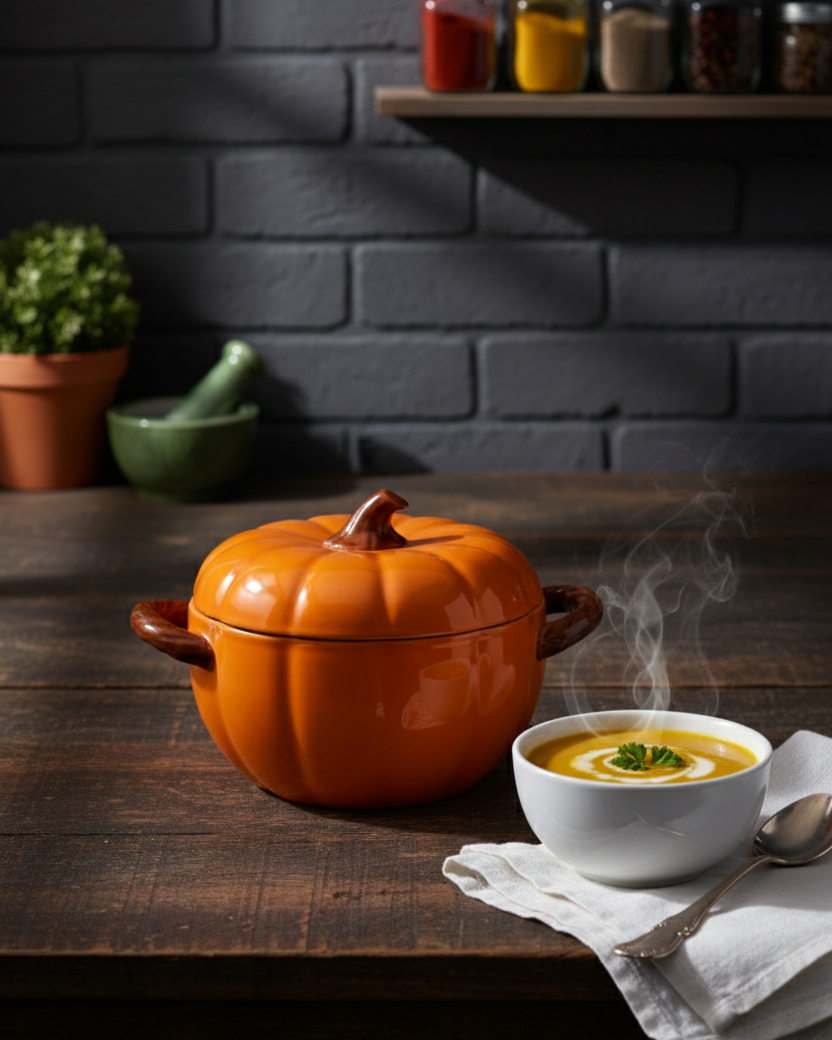 Pumpkin Shaped Ceramic Stew Bowl with Lid - Orange