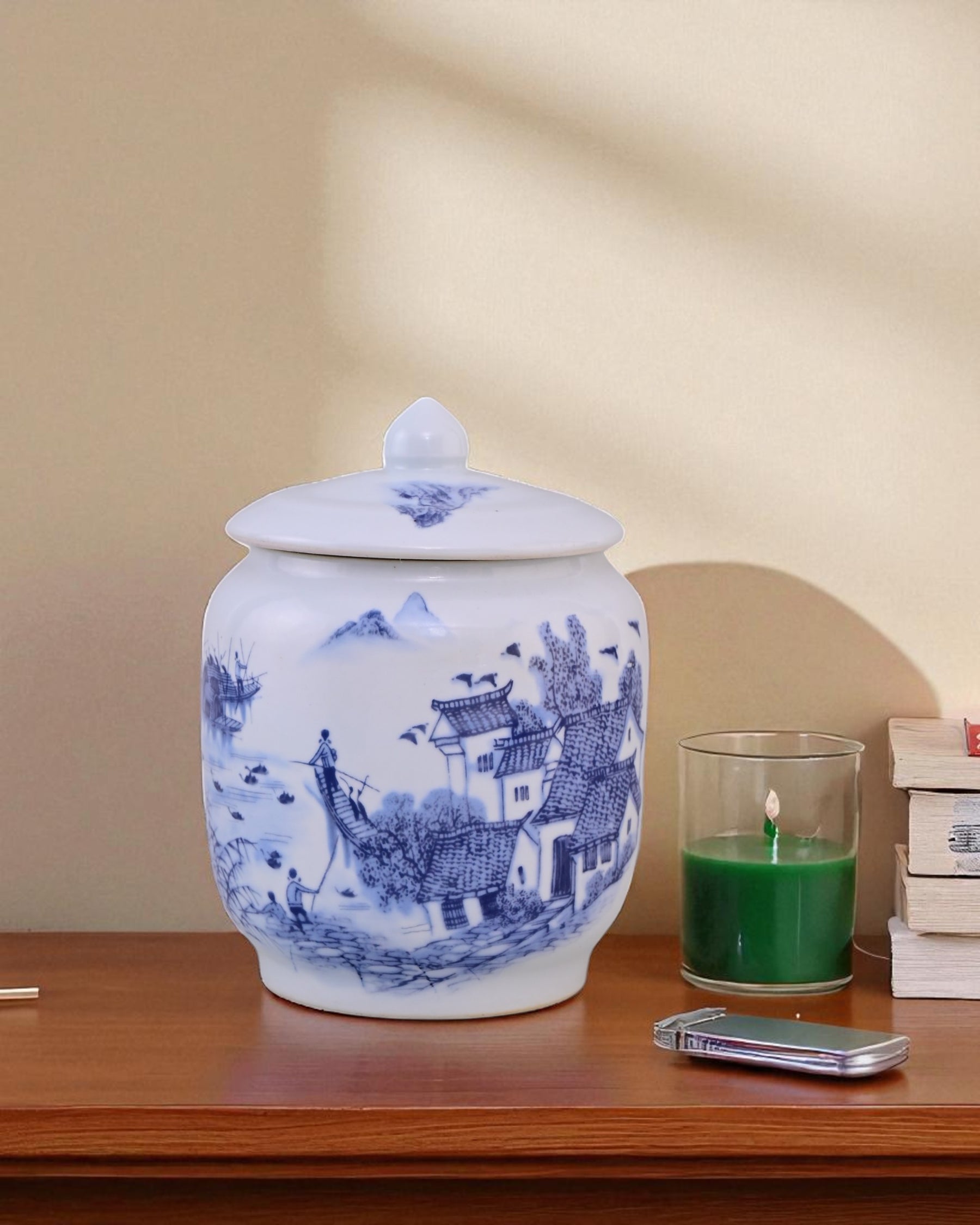 Blue and White Landscap Storage Jar