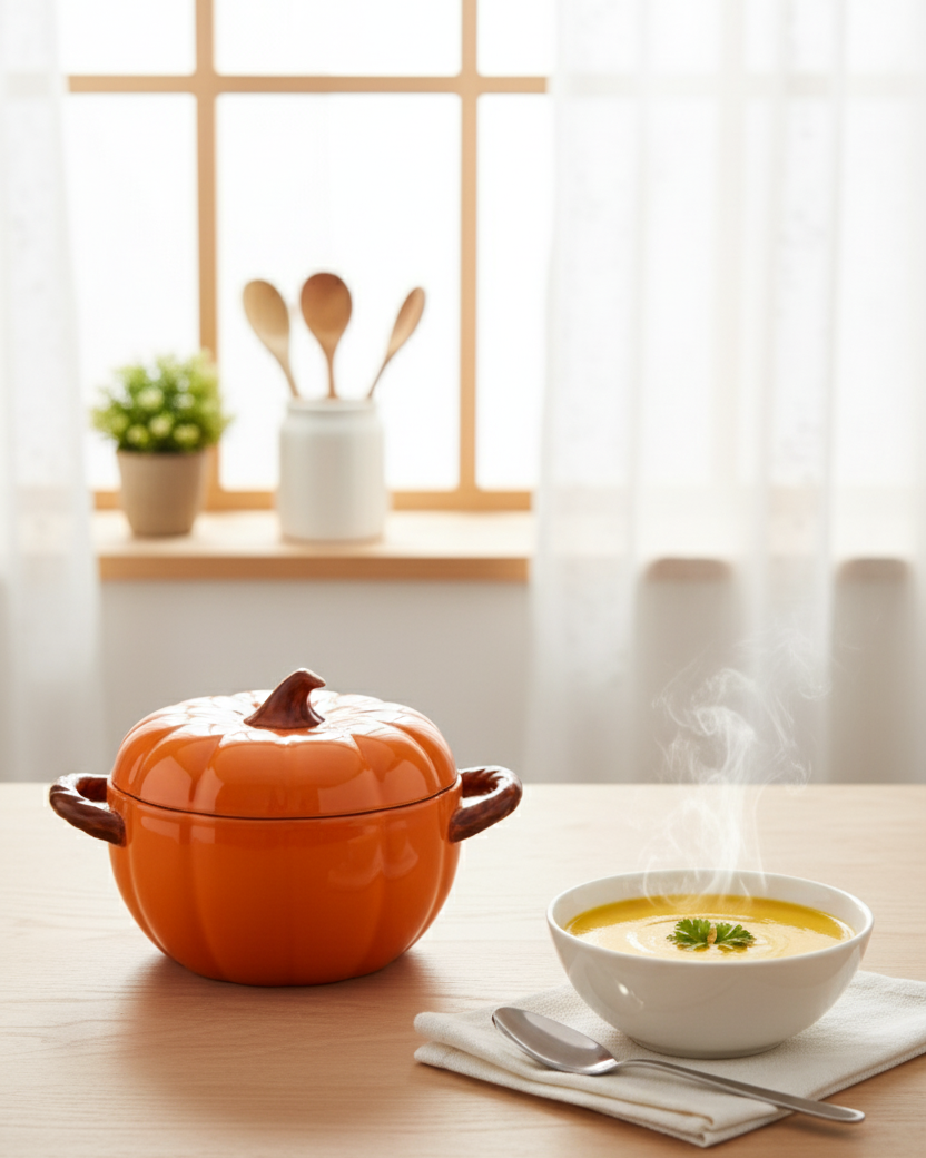 Pumpkin Shaped Ceramic Stew Bowl with Lid - Orange