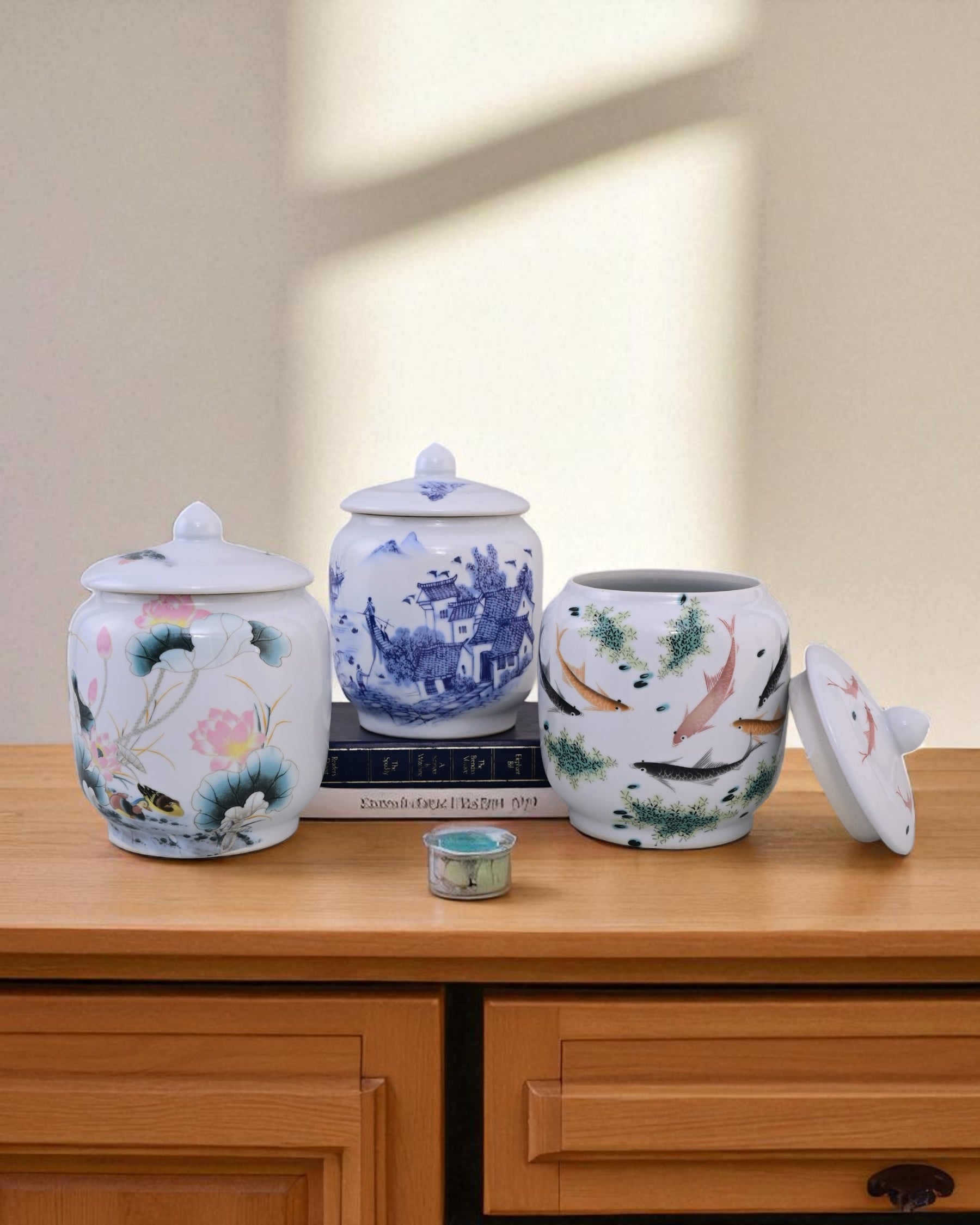 Koi Fish Ceramic Storage Jar With Lid