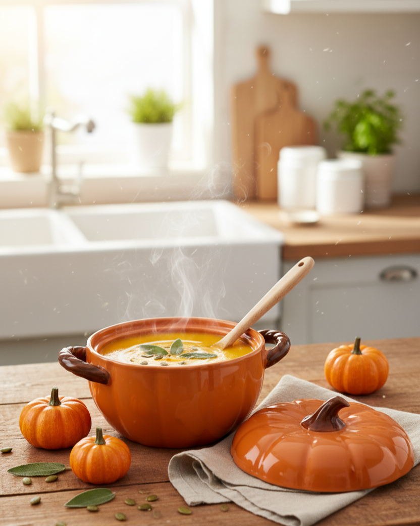 Pumpkin Shaped Ceramic Stew Bowl with Lid - Orange