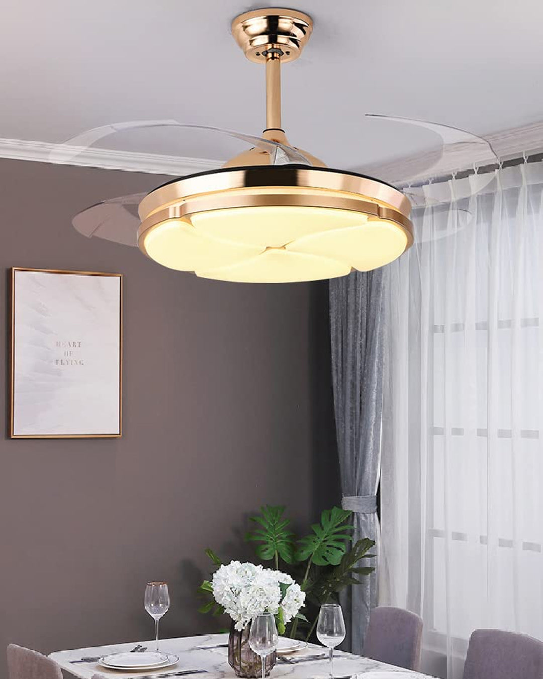 Golden Petal Retractable Ceiling Fan + Chandelier Light (with Remote Control)