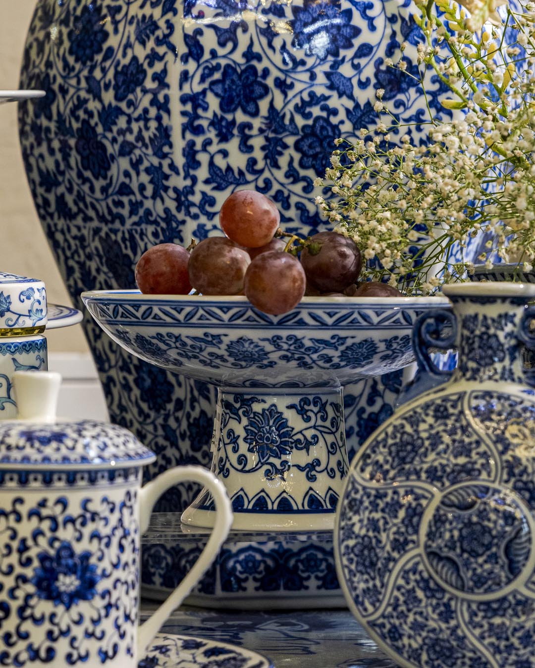 Blue and White Pedestal Decorative Bowl - Big