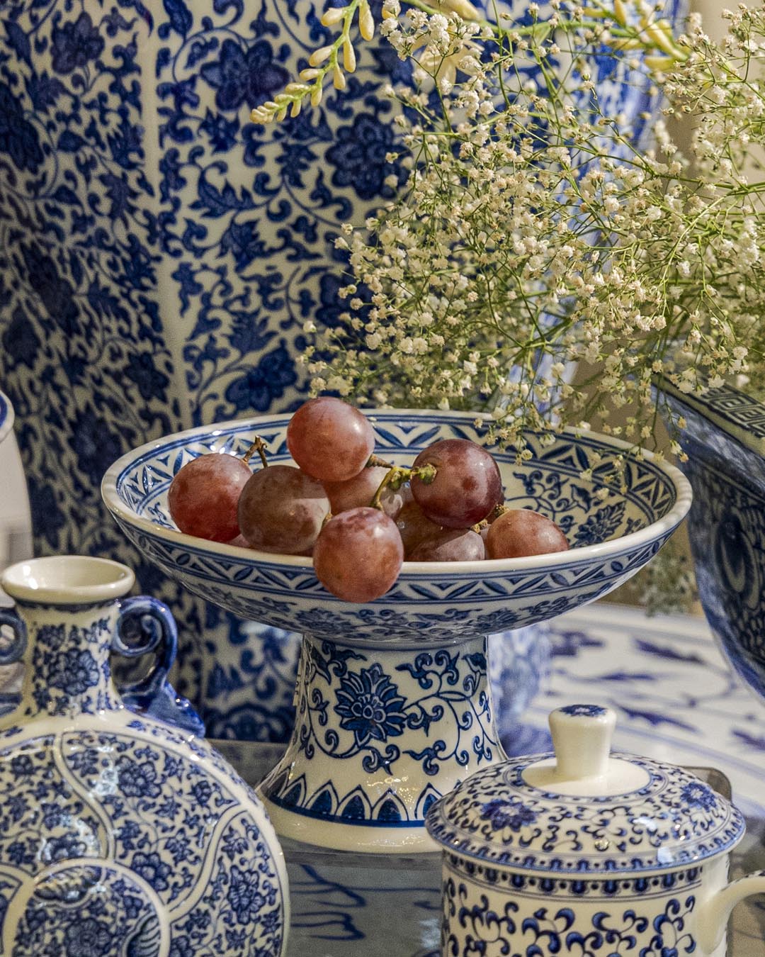 Blue and White Pedestal Decorative Bowl - Big