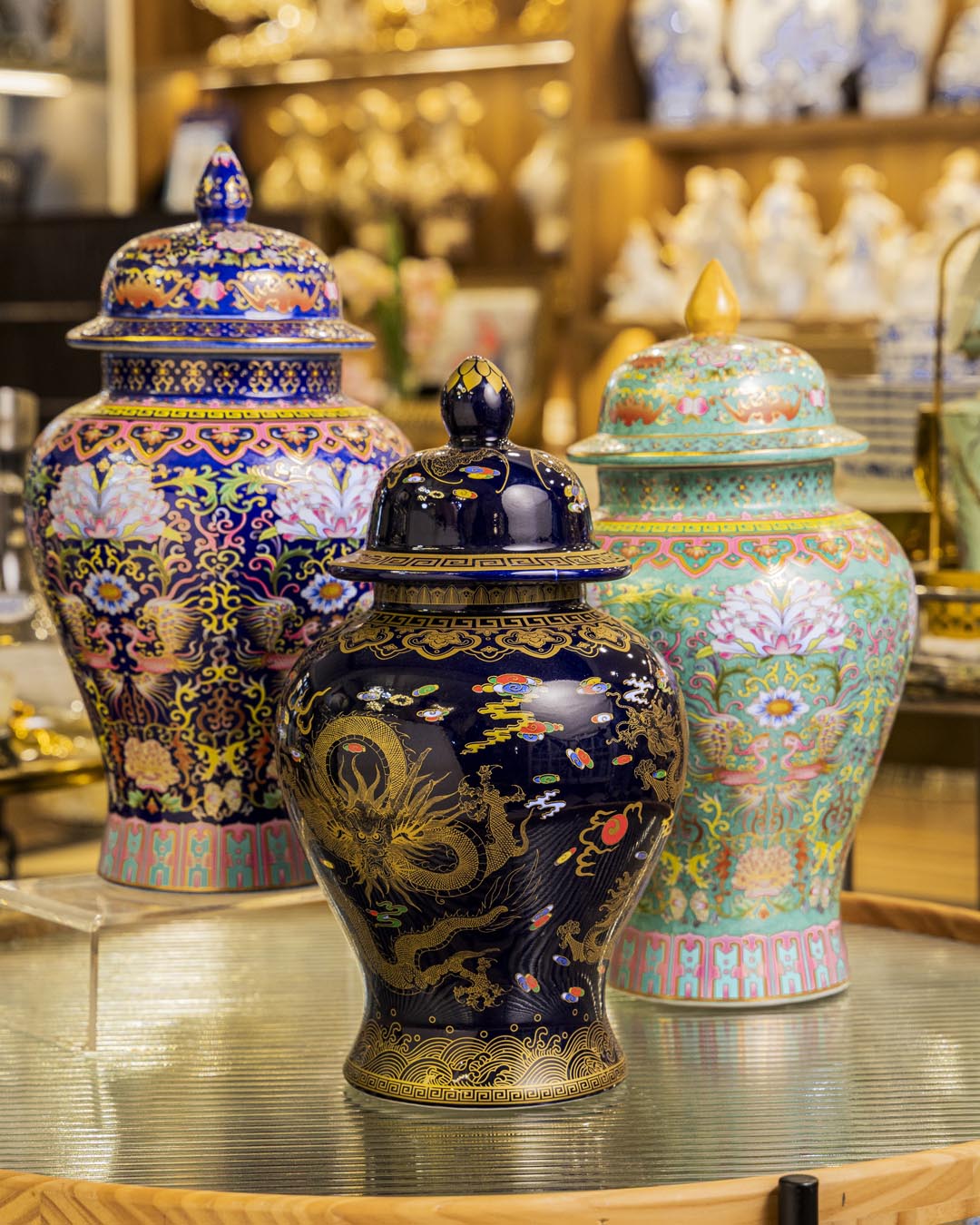 Golden Imperial Dragon Temple Jar - Midnight Blue - 35 cm