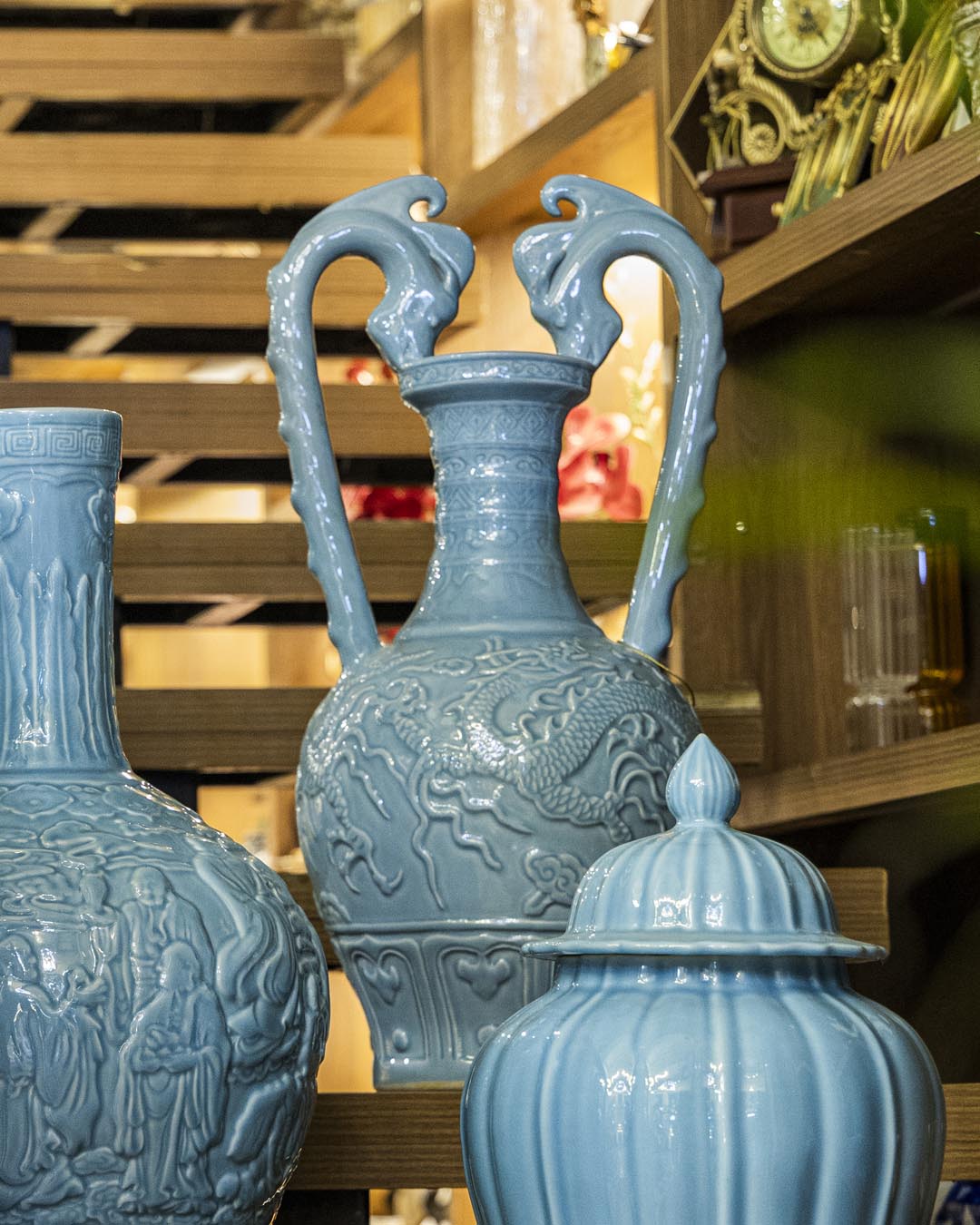 Celestial Blue Celadon Dragon Handle Vase