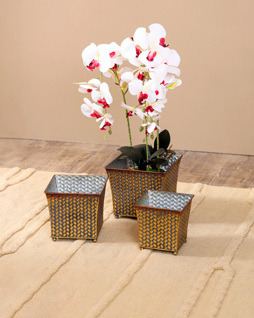 Antique Wicker Metal Planter - Set Of 3