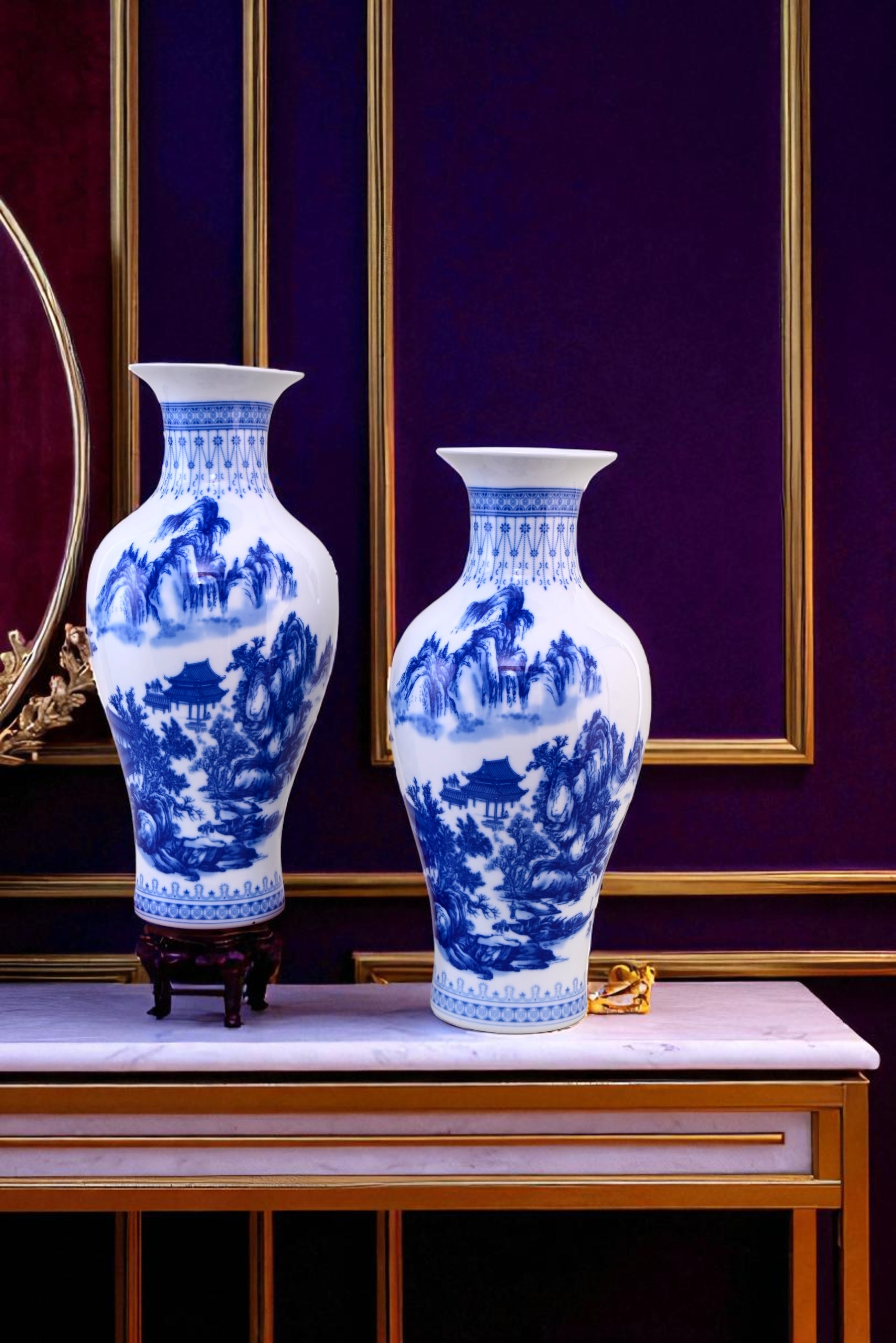 Blue & White Landscape Ceramic Vase & Decorative Plate - Set Of 3