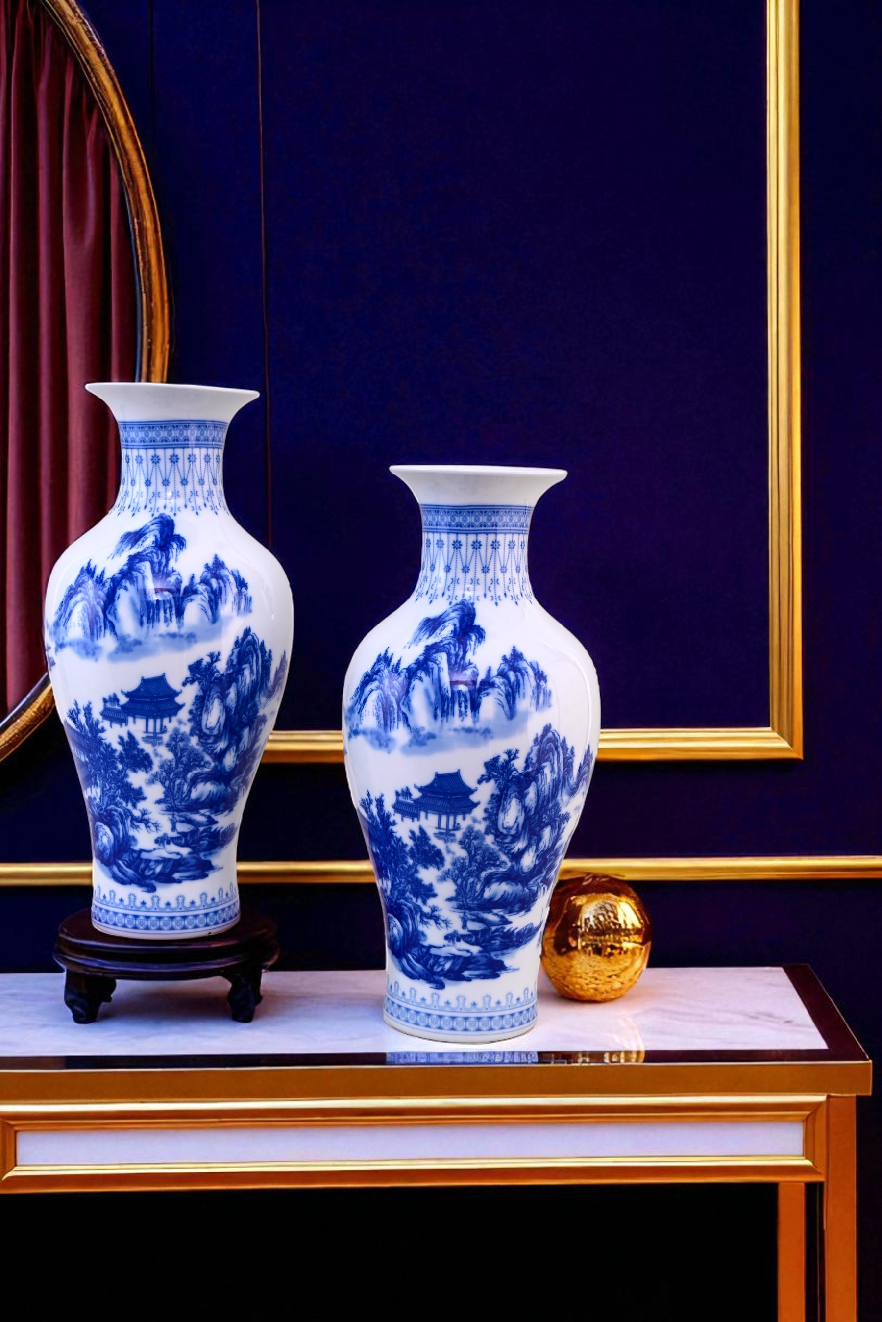 Blue & White Landscape Ceramic Vase & Decorative Plate - Set Of 3
