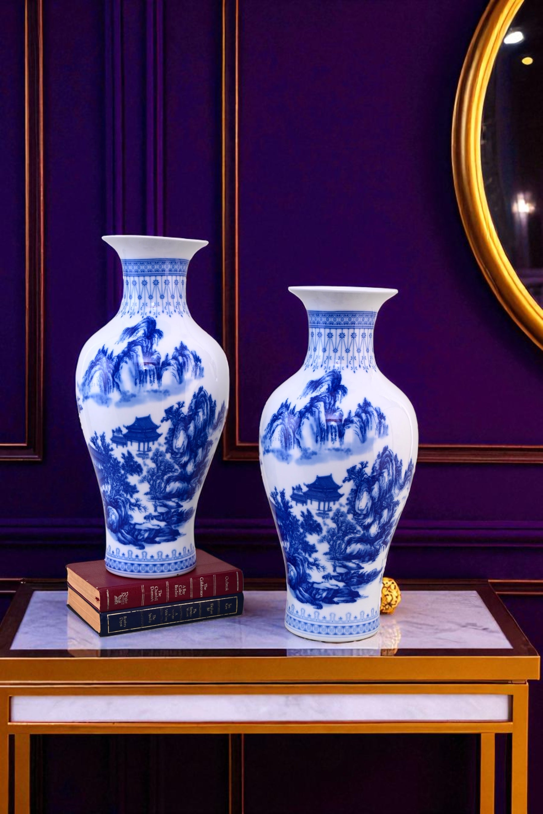 Blue & White Landscape Ceramic Vase & Decorative Plate - Set Of 3