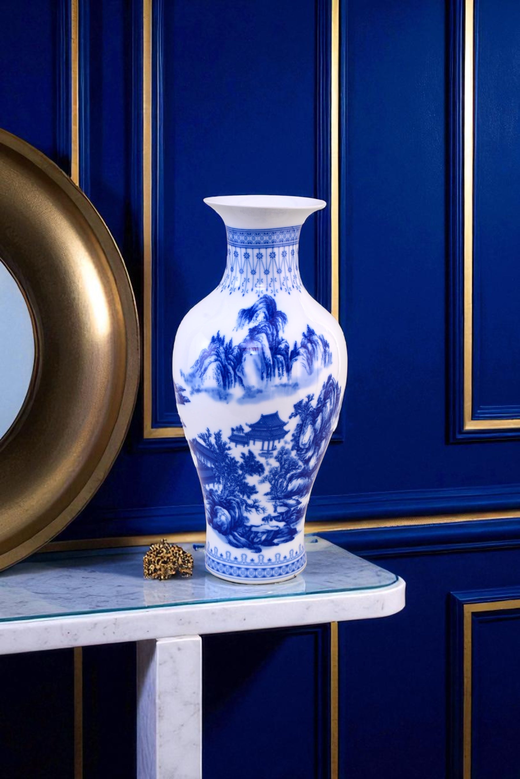 Blue & White Landscape Ceramic Vase & Decorative Plate - Set Of 3