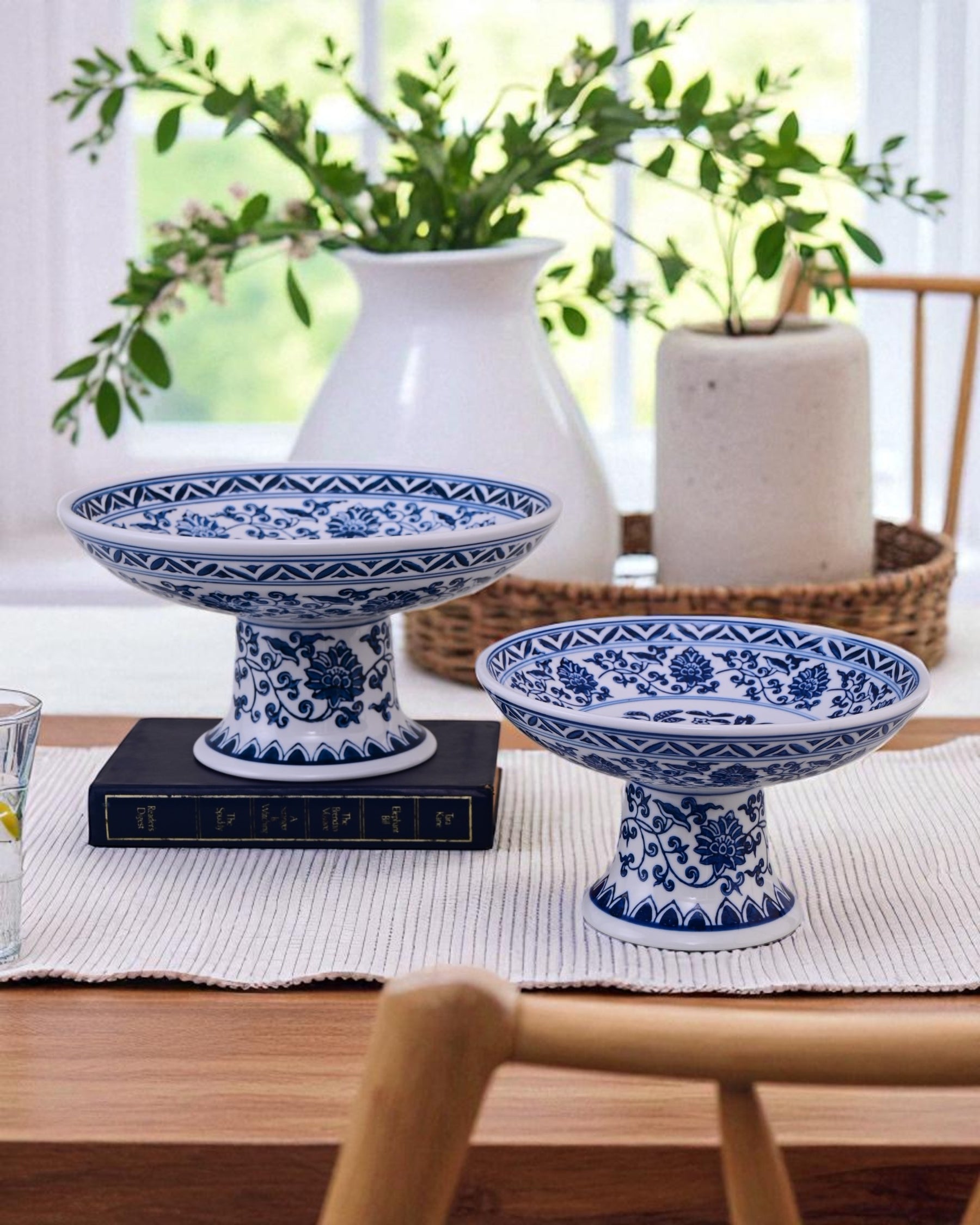 Blue and White Pedestal Decorative Bowl - Big