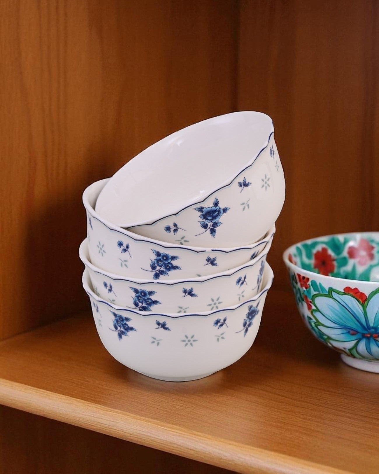Blue Petal Elegance Ceramic Katori - Set Of 6