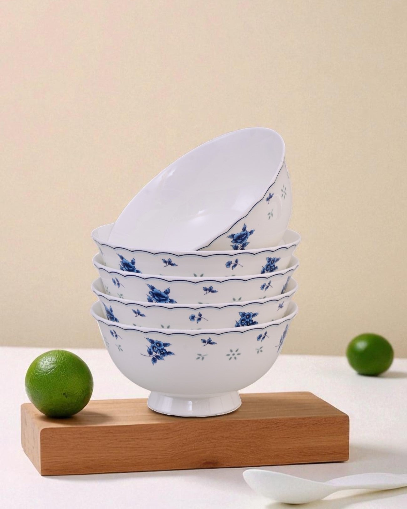 Blue Petal Elegance Ceramic Katori - Set Of 6